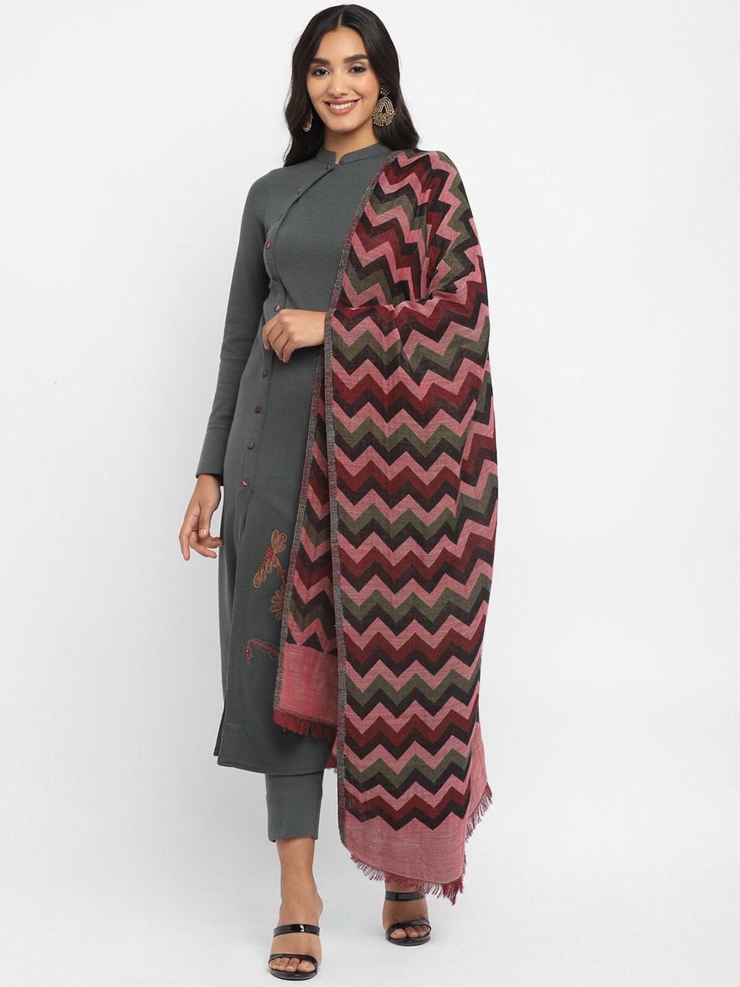 

STADO Regular Pure Wool A-Line Kurta with Trousers & With Dupatta, Grey