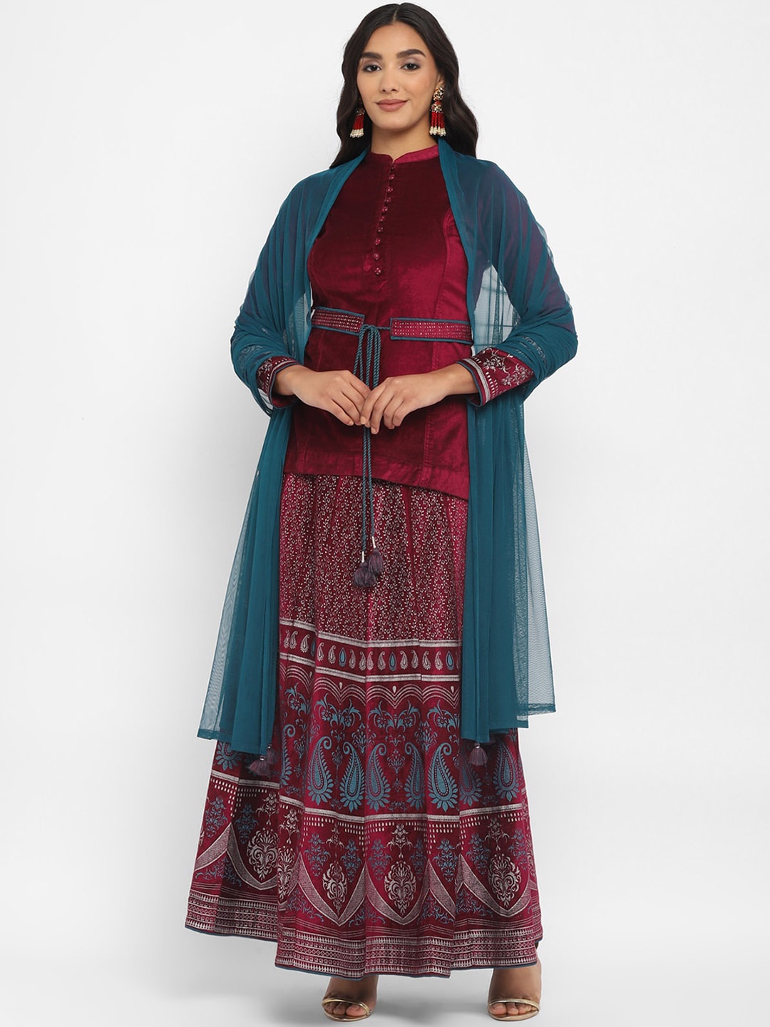

STADO Belted Velvet Top with Printed Skirt & With Dupatta Lehenga Choli, Pink