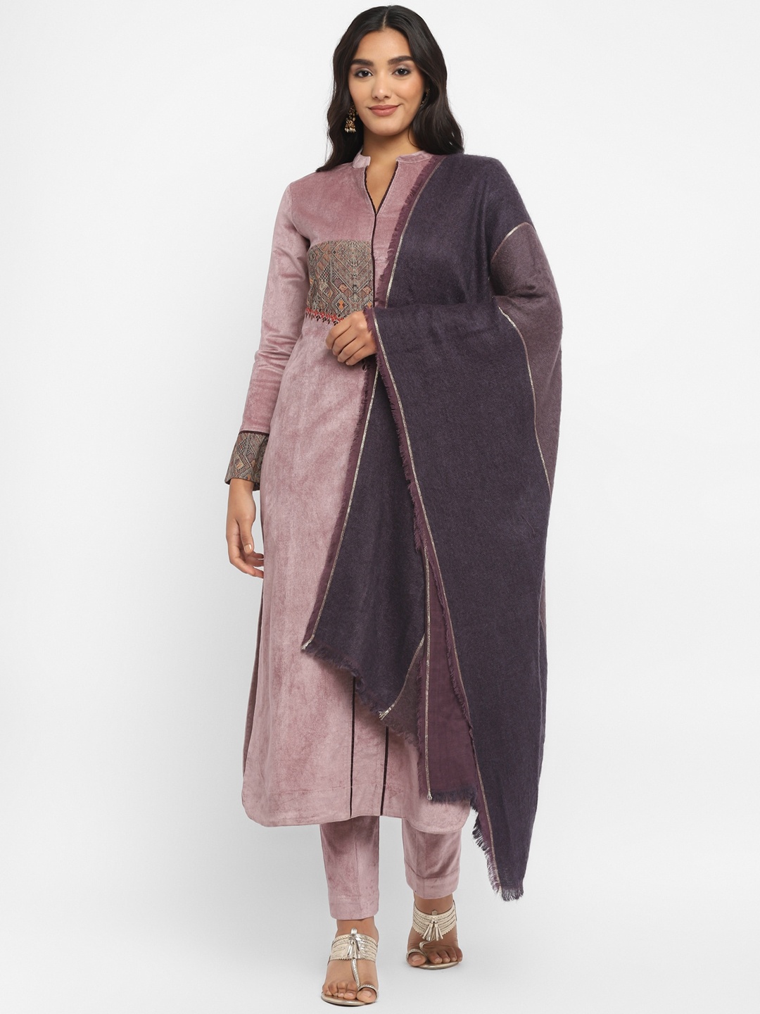 

STADO Floral Embroidered Regular Pure Wool Kurta with Trousers & Dupatta, Pink