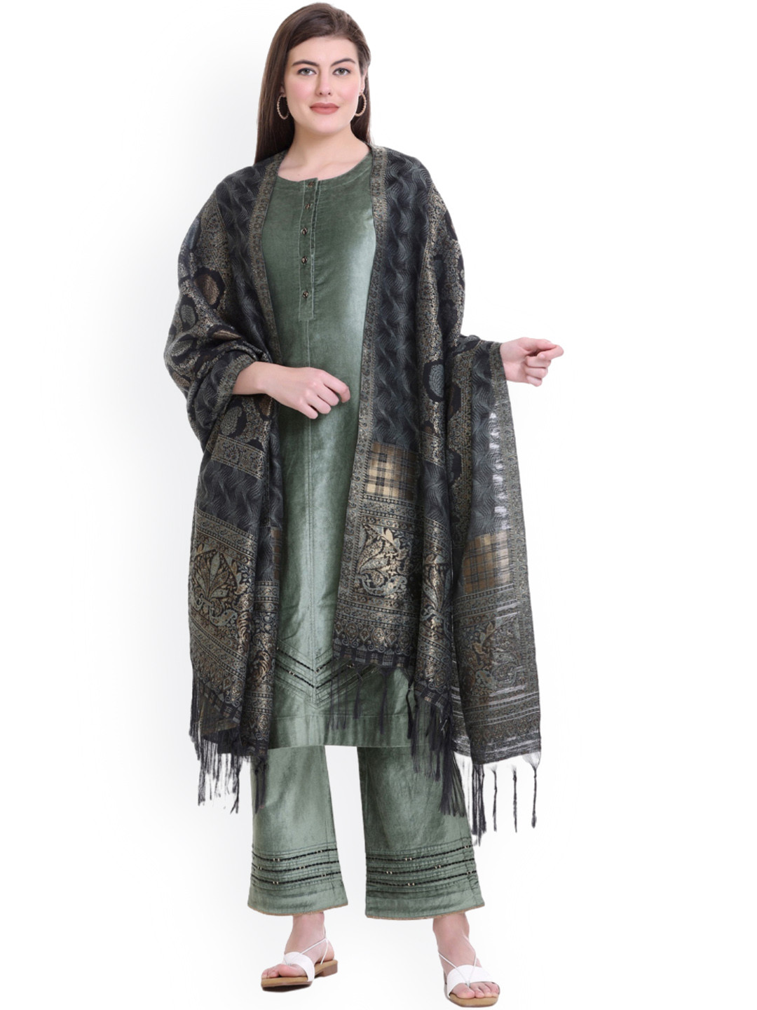 

STADO Beaded Velvet Kurta with Trousers & With Dupatta, Sea green