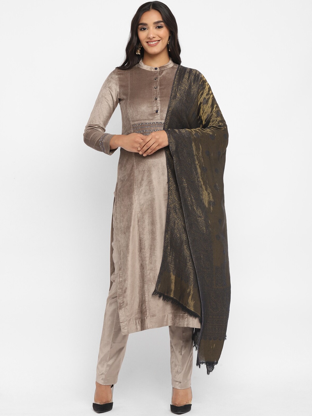 

STADO Ethnic Motifs Empire Velvet Kurta with Trousers & With Dupatta, Beige