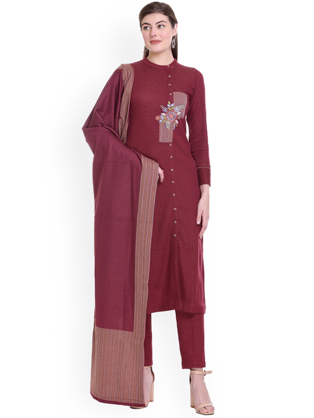 

STADO Floral Embroidered Regular Pure Wool Kurta with Trousers & Dupatta, Maroon