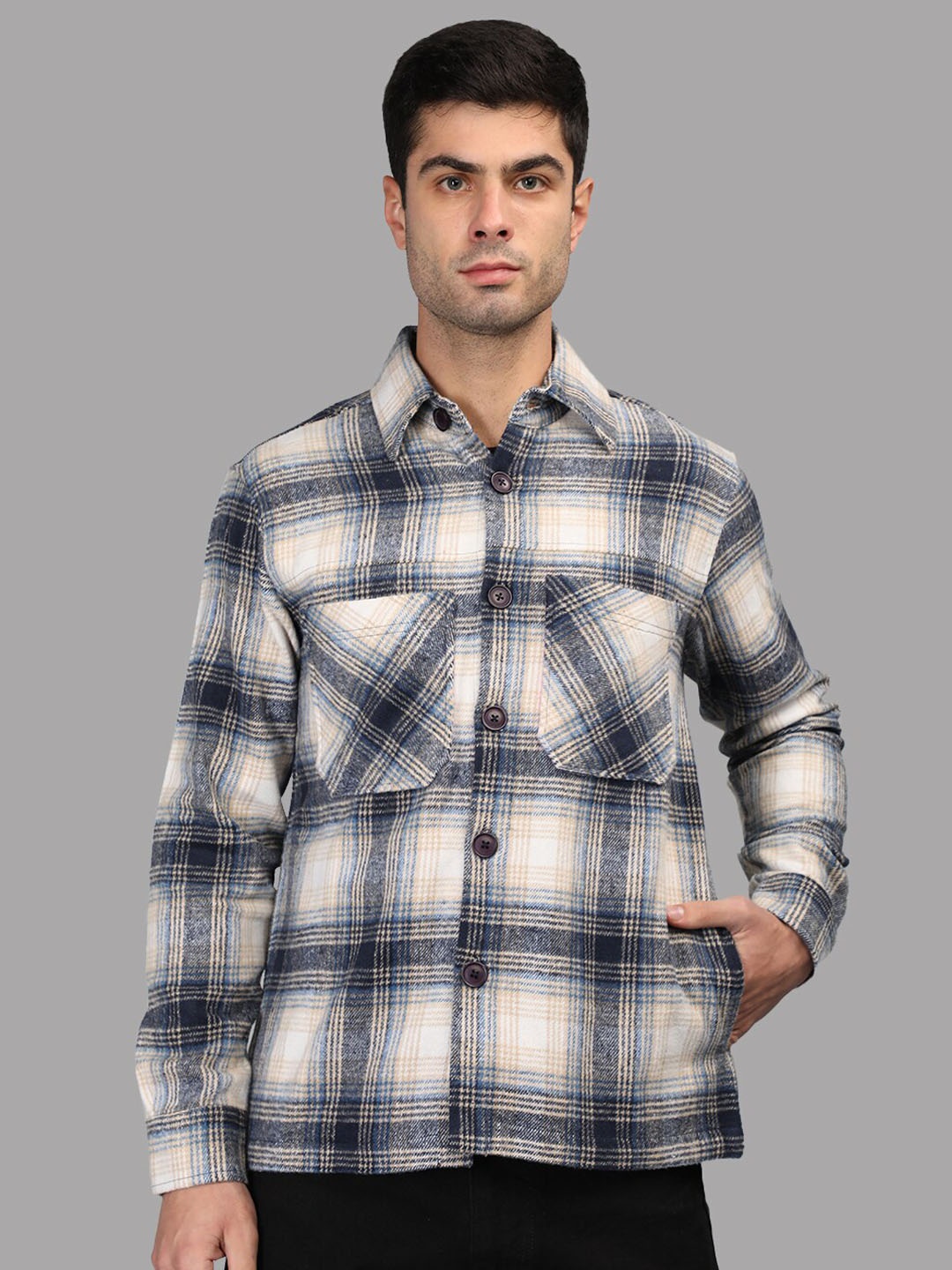 

CHKOKKO Checked Plaid Cotton Shacket, Beige