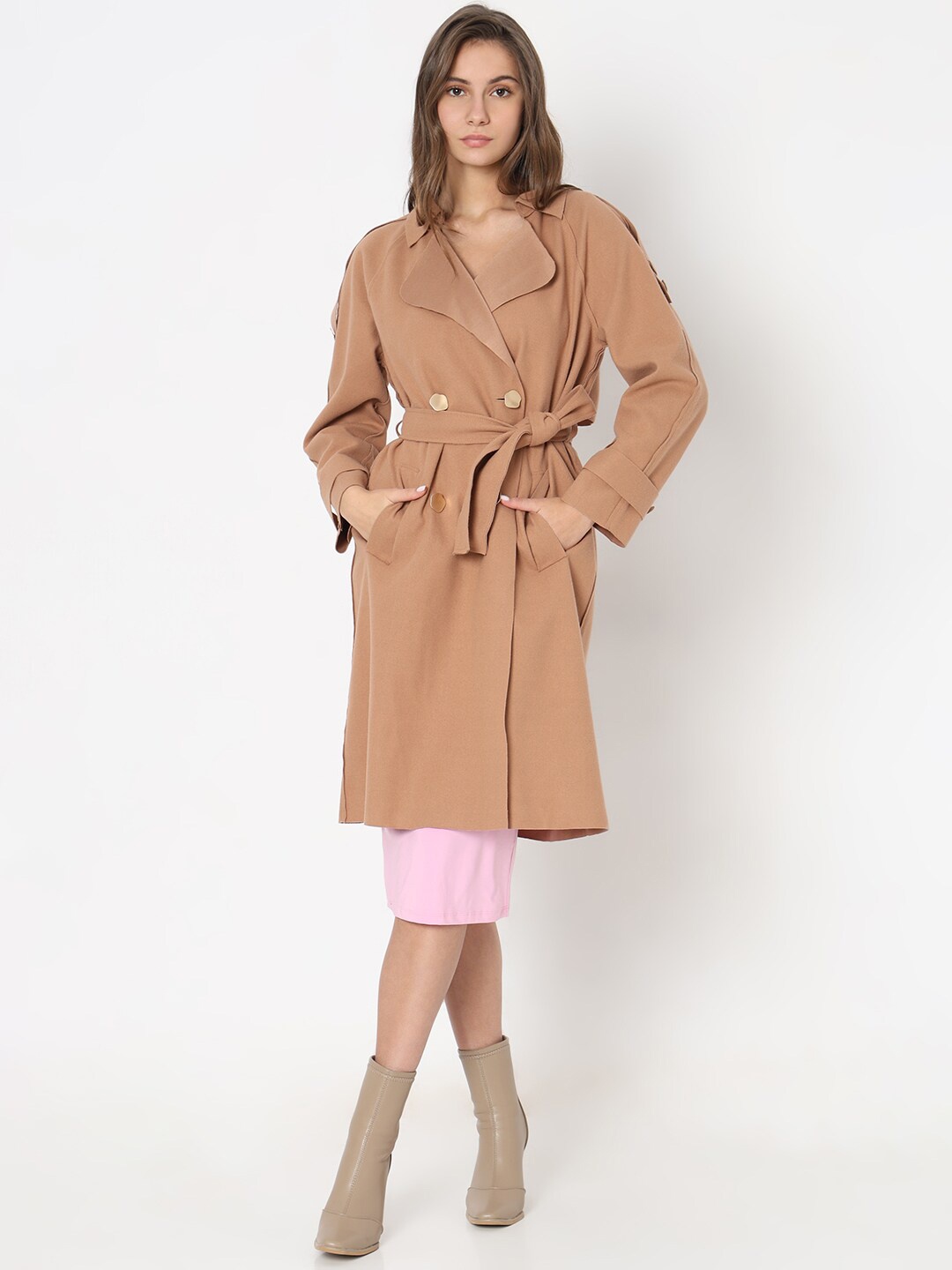 

Vero Moda Notched Lapel Double-Breasted Trench Coat With Shoulder Strap, Brown