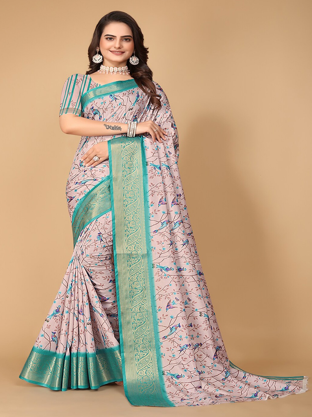 

Pionex Woven Design Pure Cotton Handloom Banarasi Saree, Blue