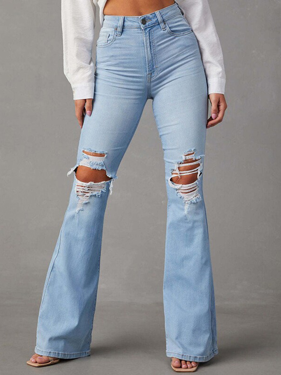 

StyleCast Women Blue Bootcut Ripped Knee Light Fade Jeans