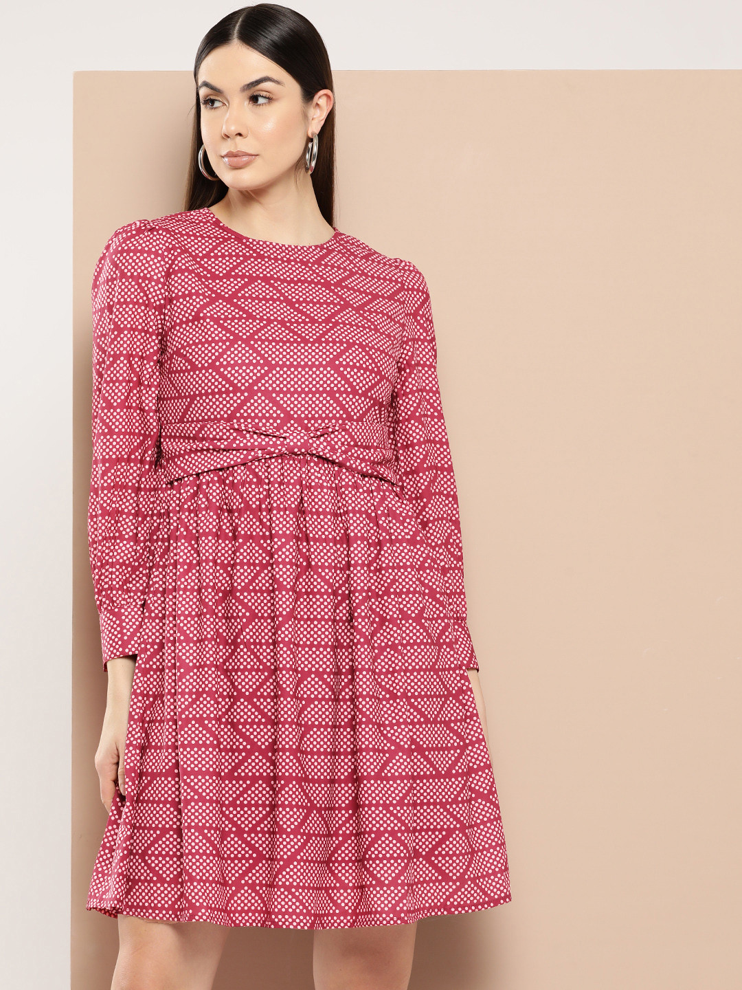 

Chemistry Geometric Printed Bow Detail Puff Sleeves A-Line Mini Dress, Maroon
