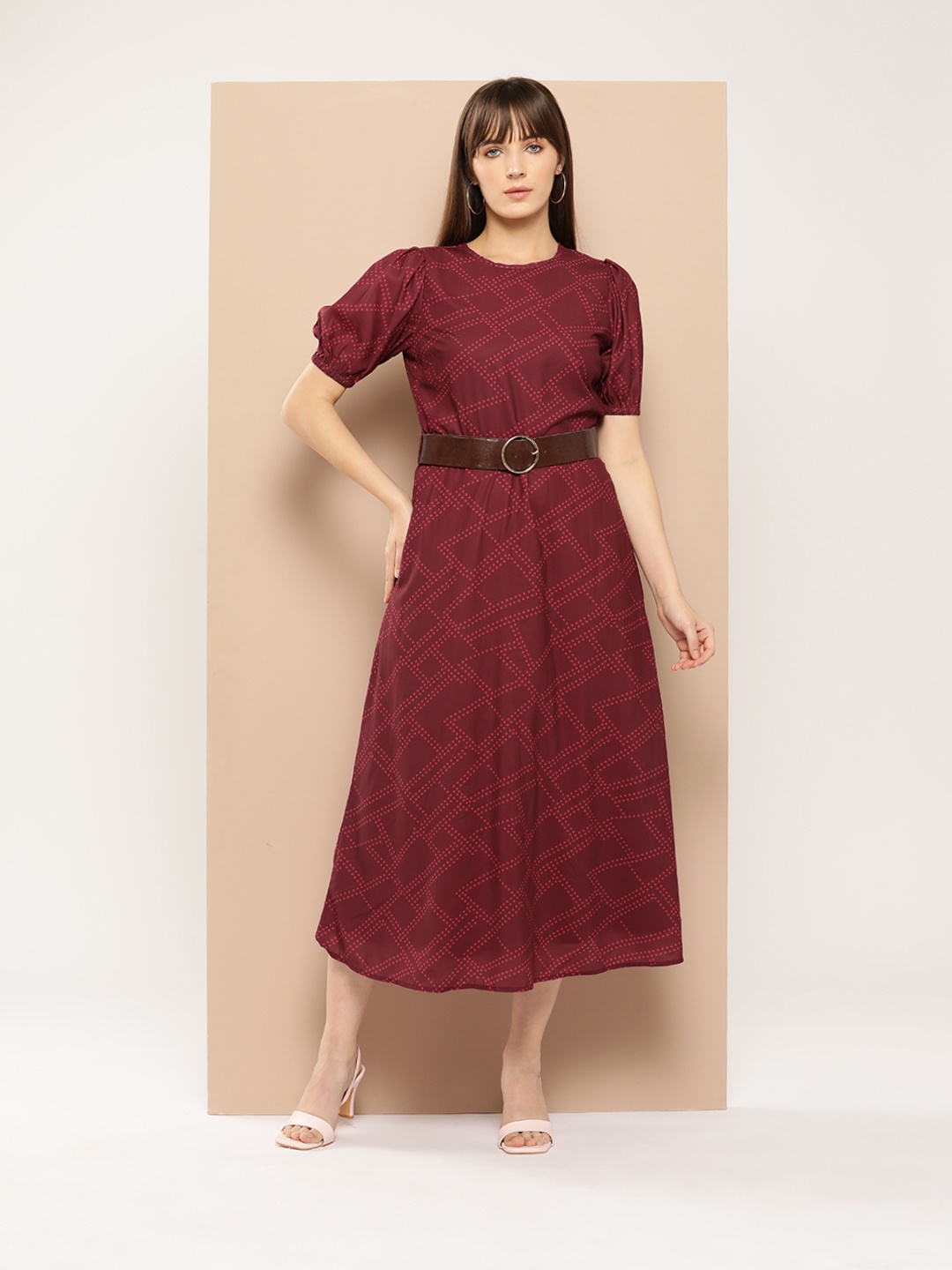 

Chemistry Printed Puff Sleeves A-Line Midi Dress with Belt, Maroon