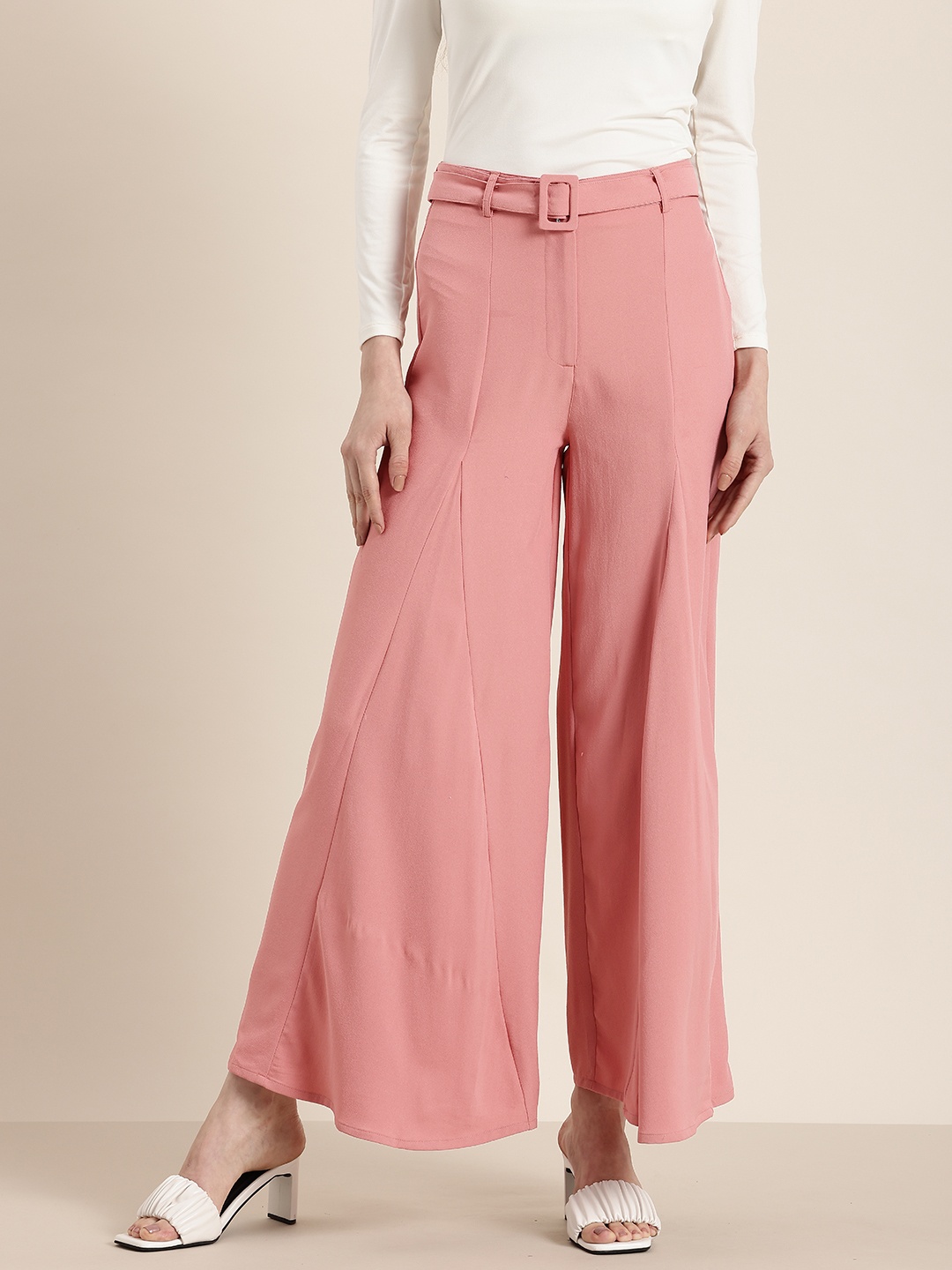

HERE&NOW Women High-Rise Wide Leg Parallel Trousers, Pink