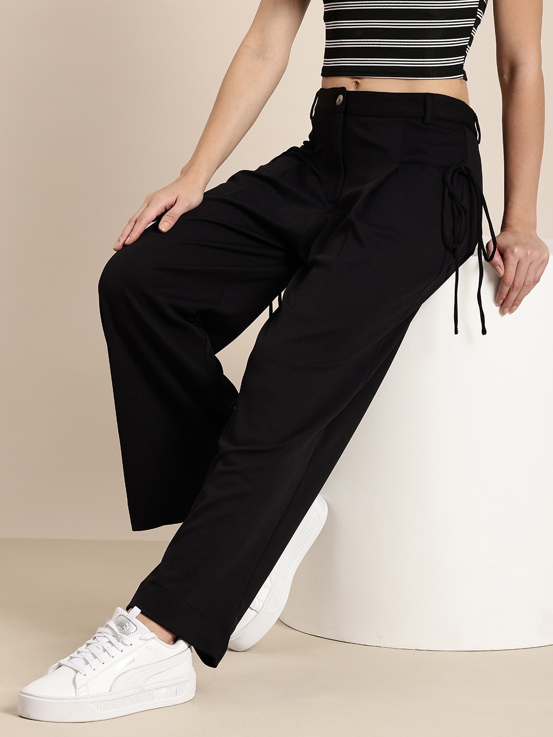 

HERE&NOW Women Pleated Wide Leg Trousers, Black