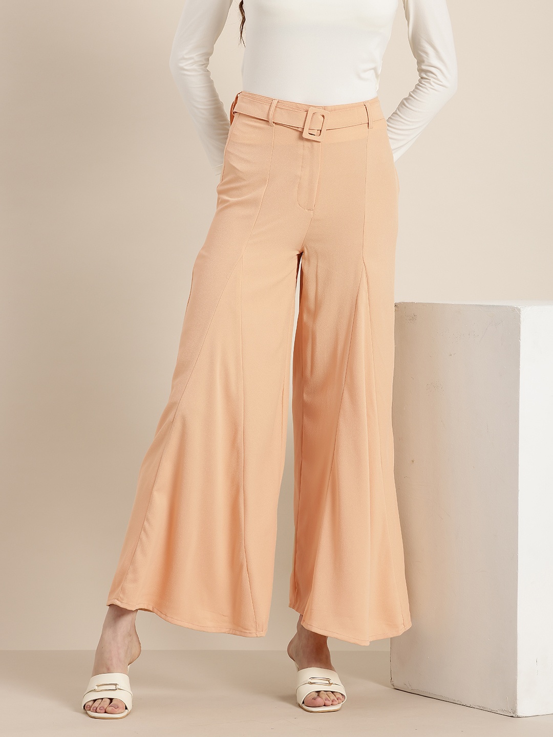 

HERE&NOW Women High-Rise Wide Leg Parallel Trousers, Nude