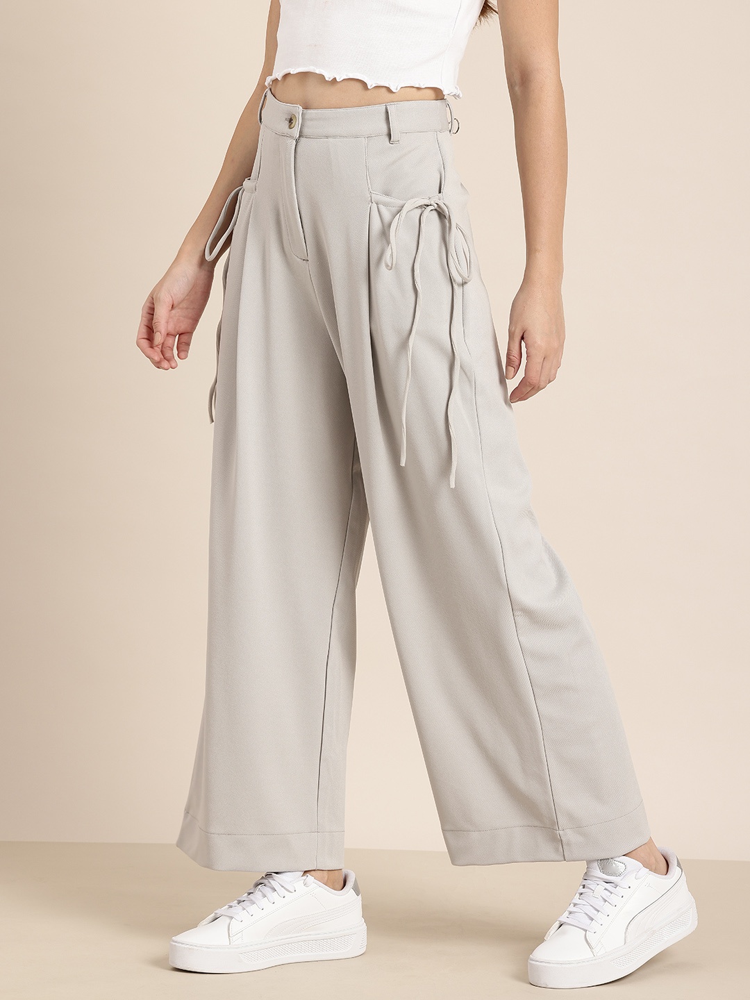 

HERE&NOW Women Pleated Wide Leg Trousers, Grey