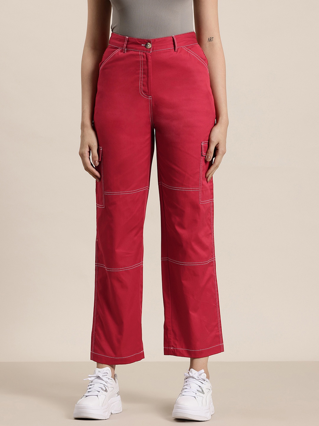

HERE&NOW Women Non Iron Cargo Trousers, Red