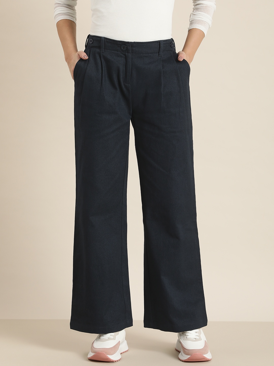 

HERE&NOW Women Solid Pure Cotton Parallel Trouser, Navy blue