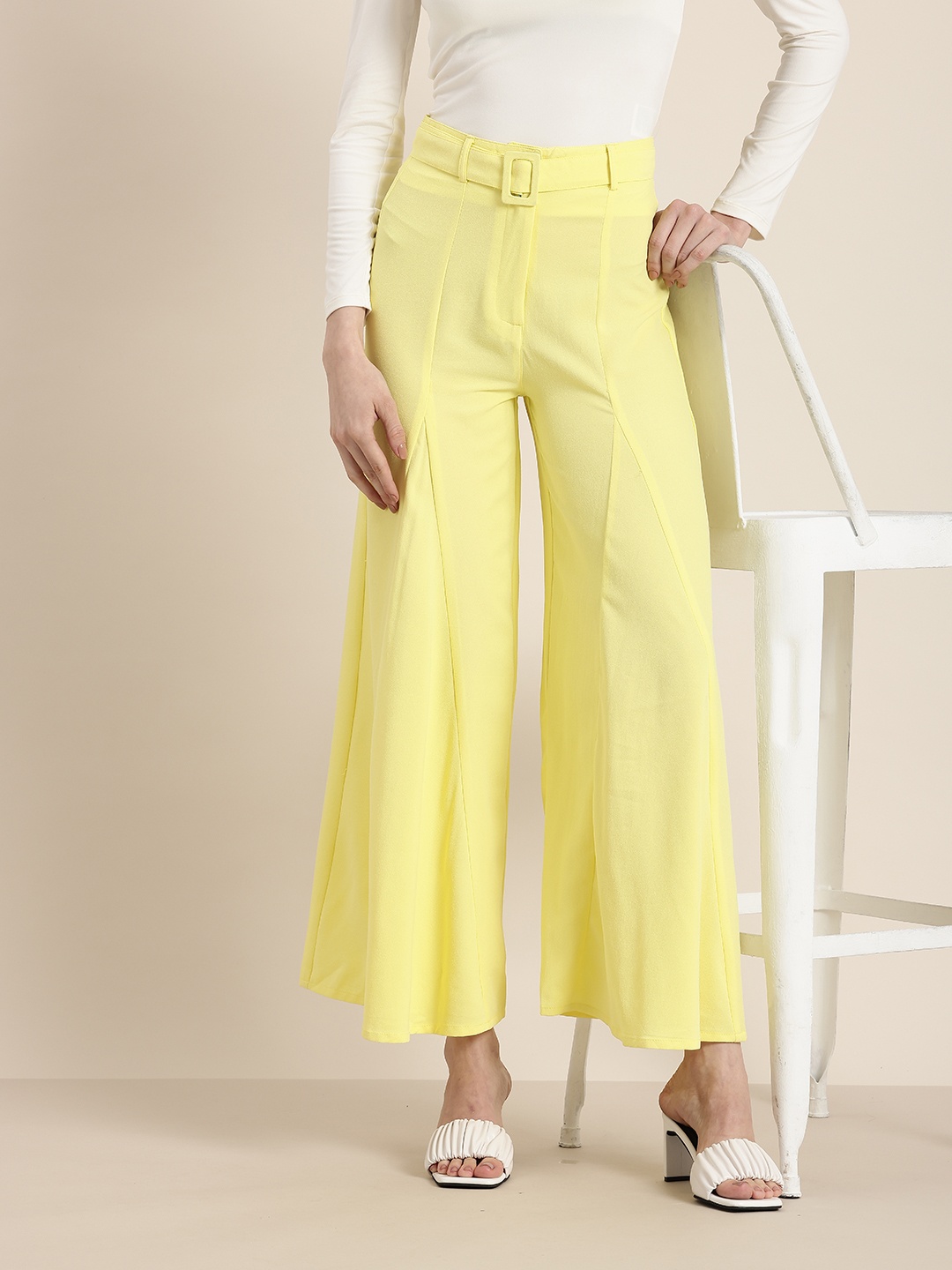 

HERE&NOW Women High-Rise Wide Leg Parallel Trousers, Yellow