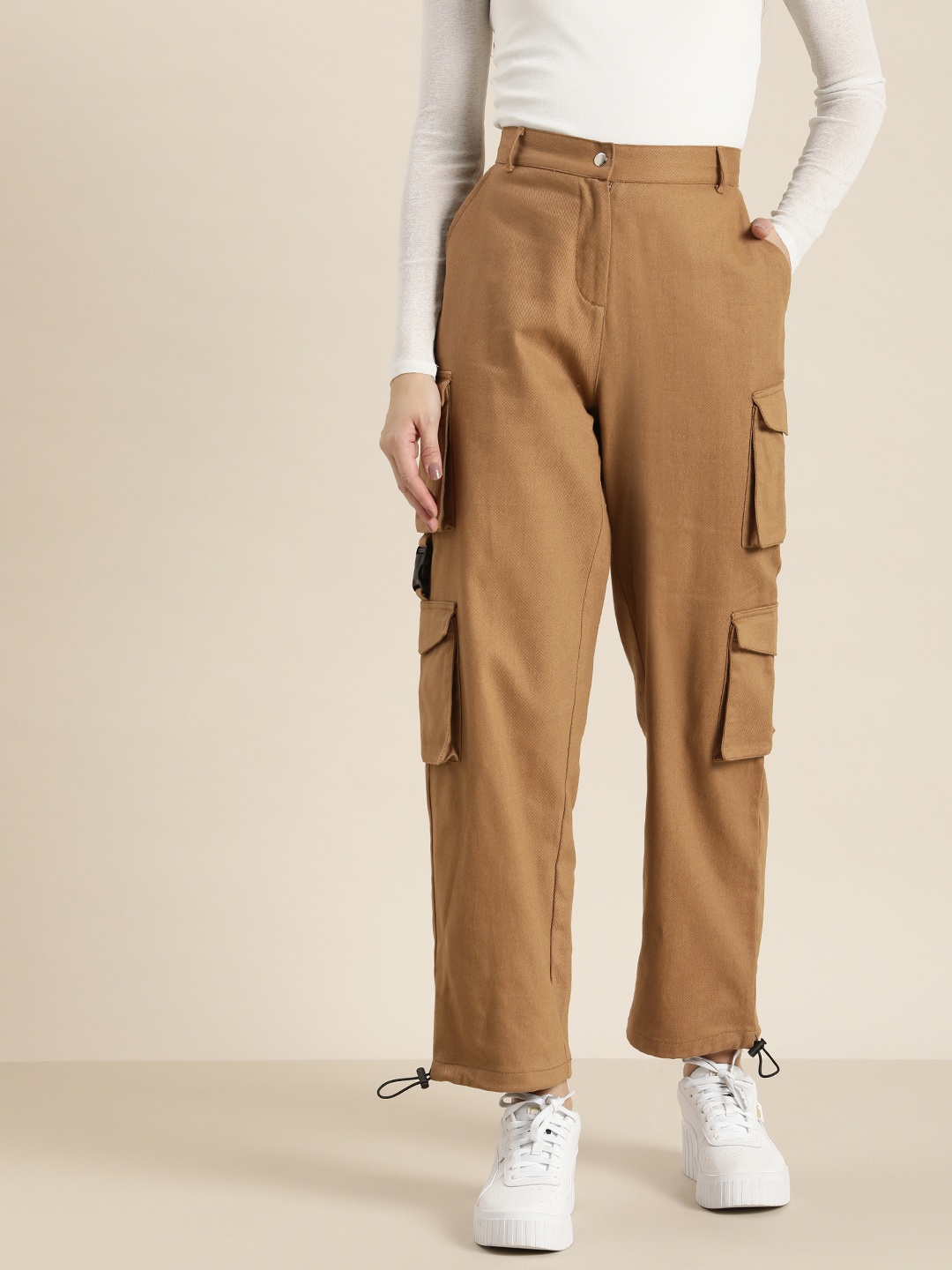 

HERE&NOW Women Solid Pure Cotton Cargos, Brown