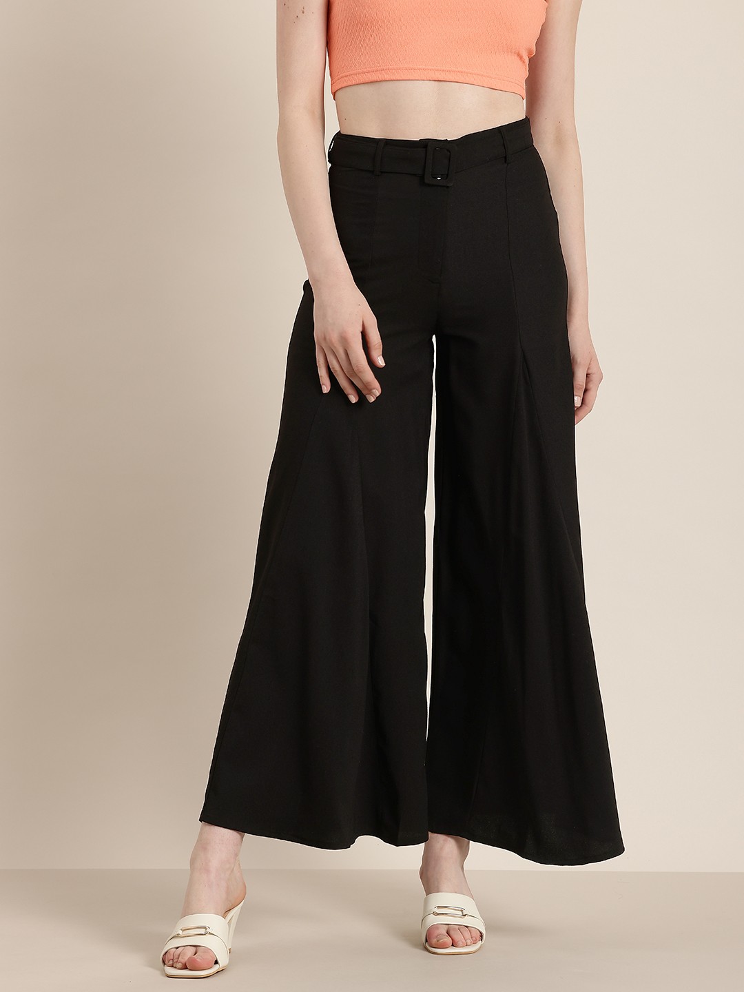 

HERE&NOW Women High-Rise Wide Leg Parallel Trousers, Black