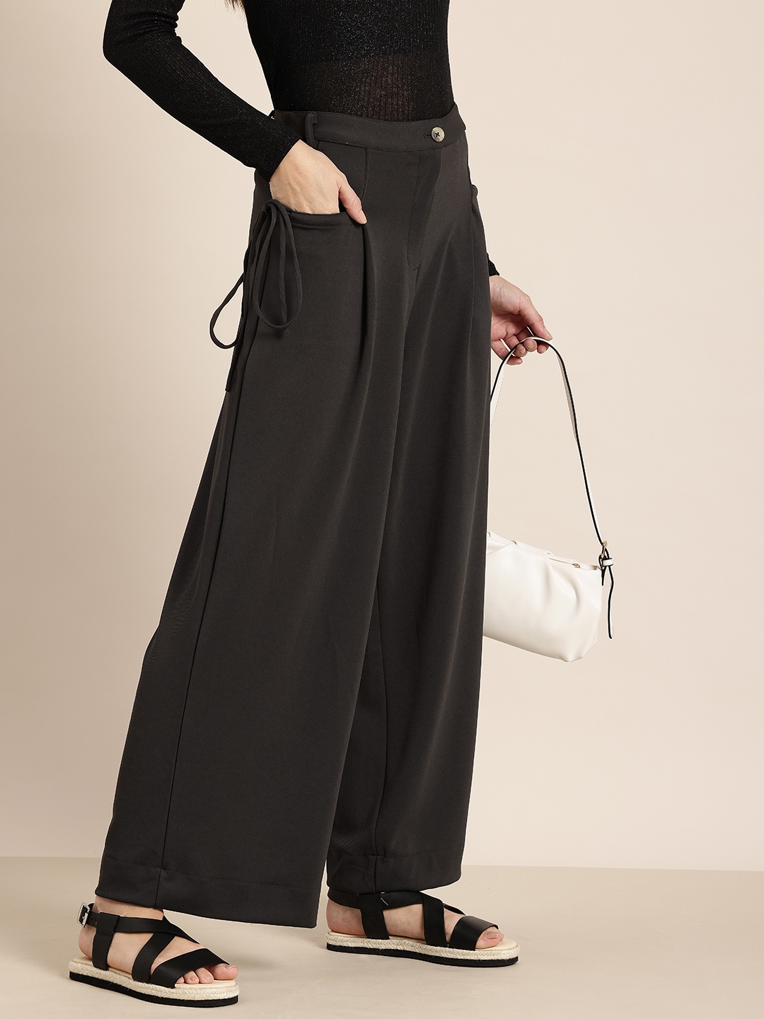 

HERE&NOW Women Pleated Wide Leg Trousers, Grey