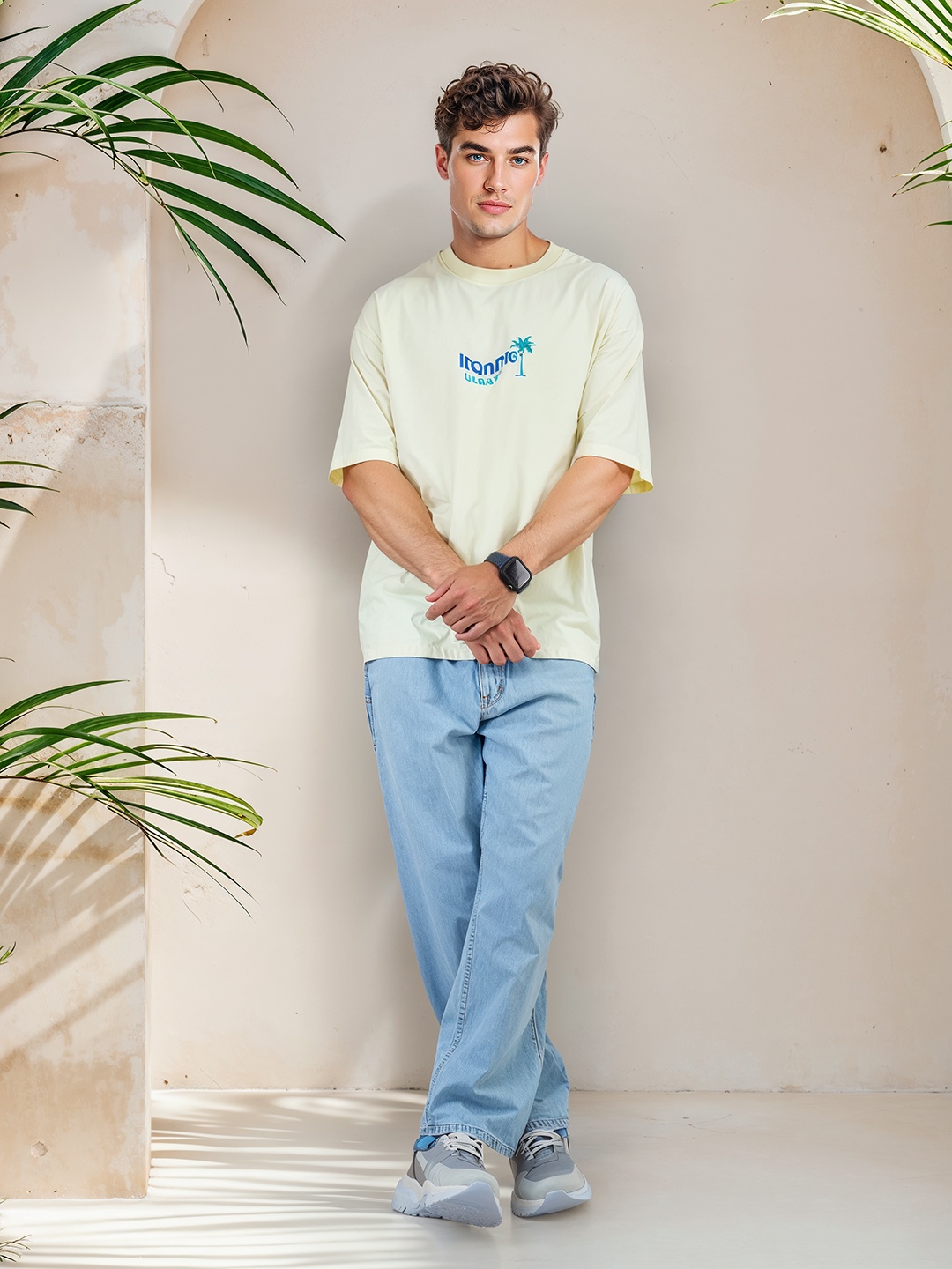 

Mast & Harbour Typography Printed Drop-Shoulder Sleeves T-shirt, Lime green