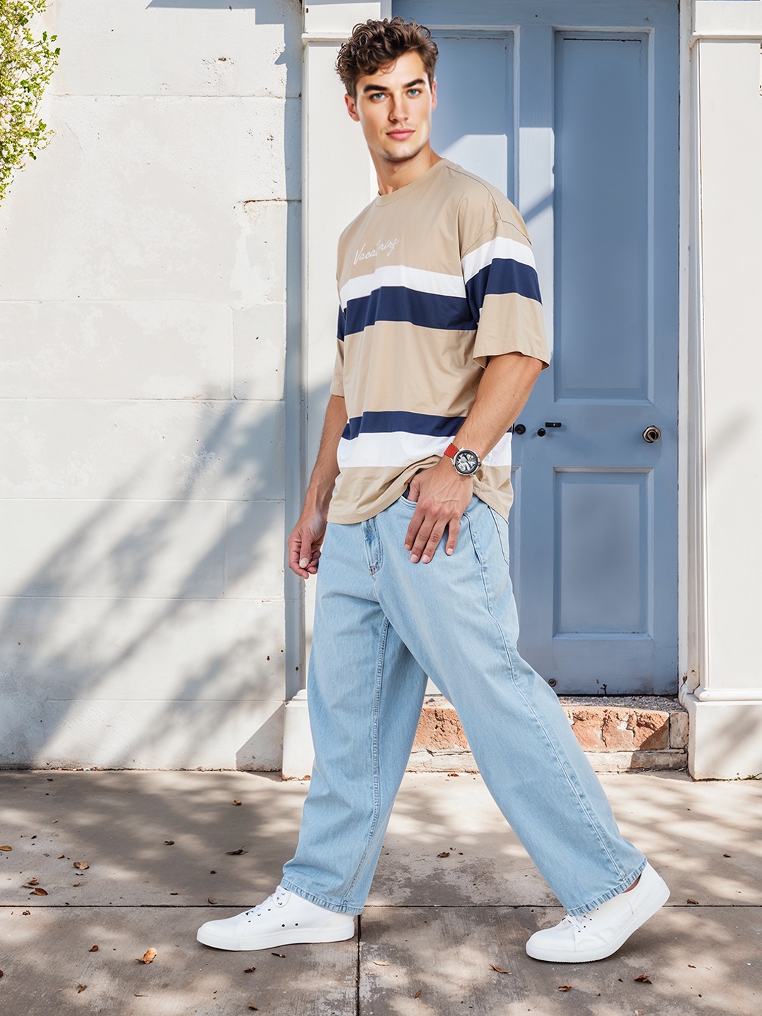 

Mast & Harbour Striped Drop-Shoulder Sleeves T-shirt, Beige