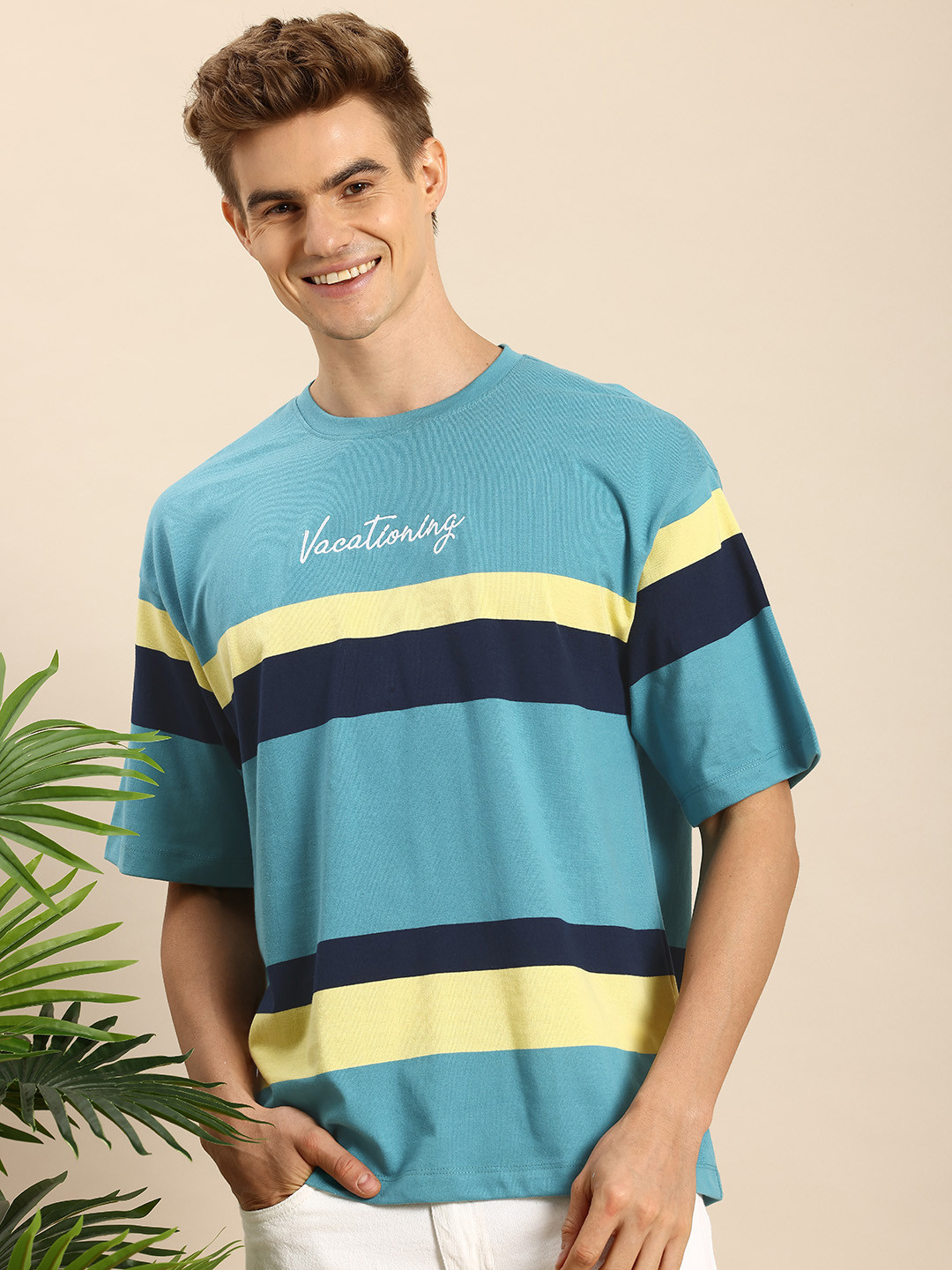 

Mast & Harbour Striped Embroidered Detail Drop-Shoulder Sleeves T-shirt, Blue