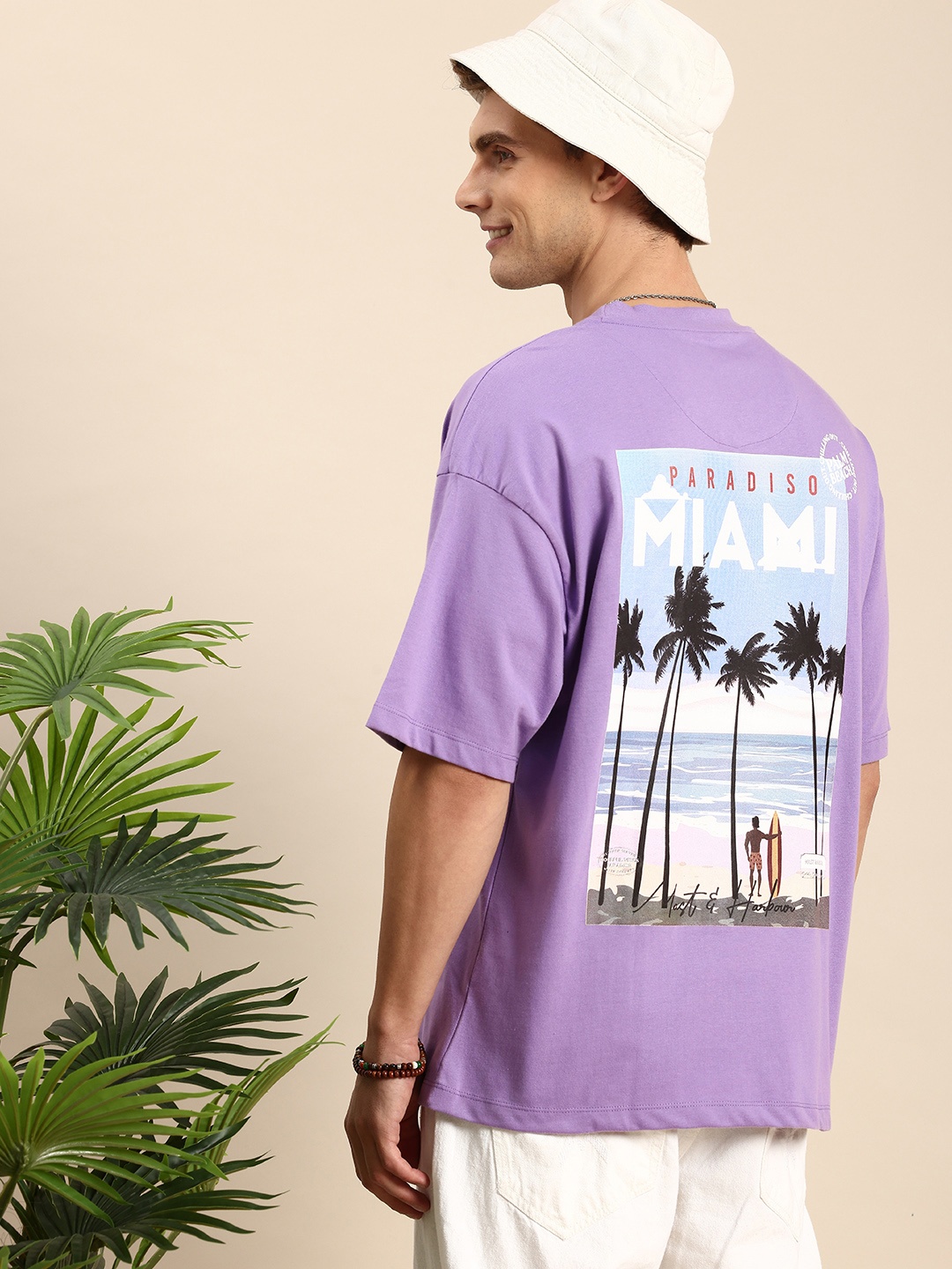 

Mast & Harbour Graphic Printed Drop-Shoulder Sleeves T-shirt, Violet
