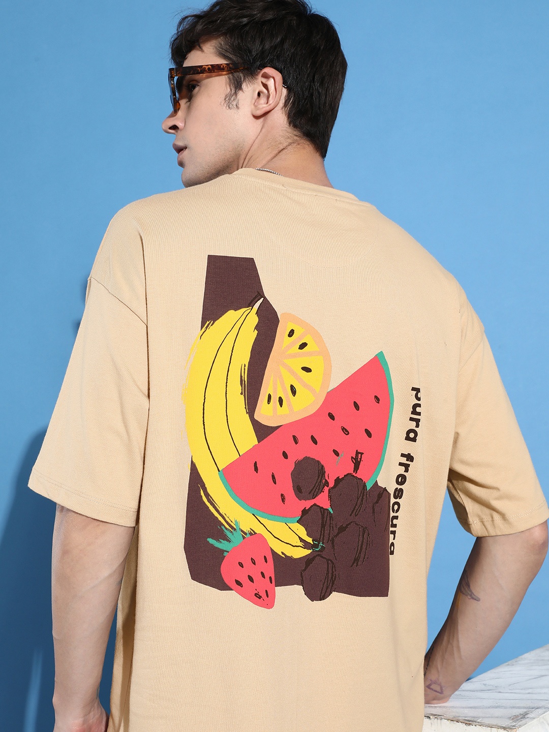 

Mast & Harbour Graphic Printed Drop-Shoulder Sleeves T-shirt, Beige