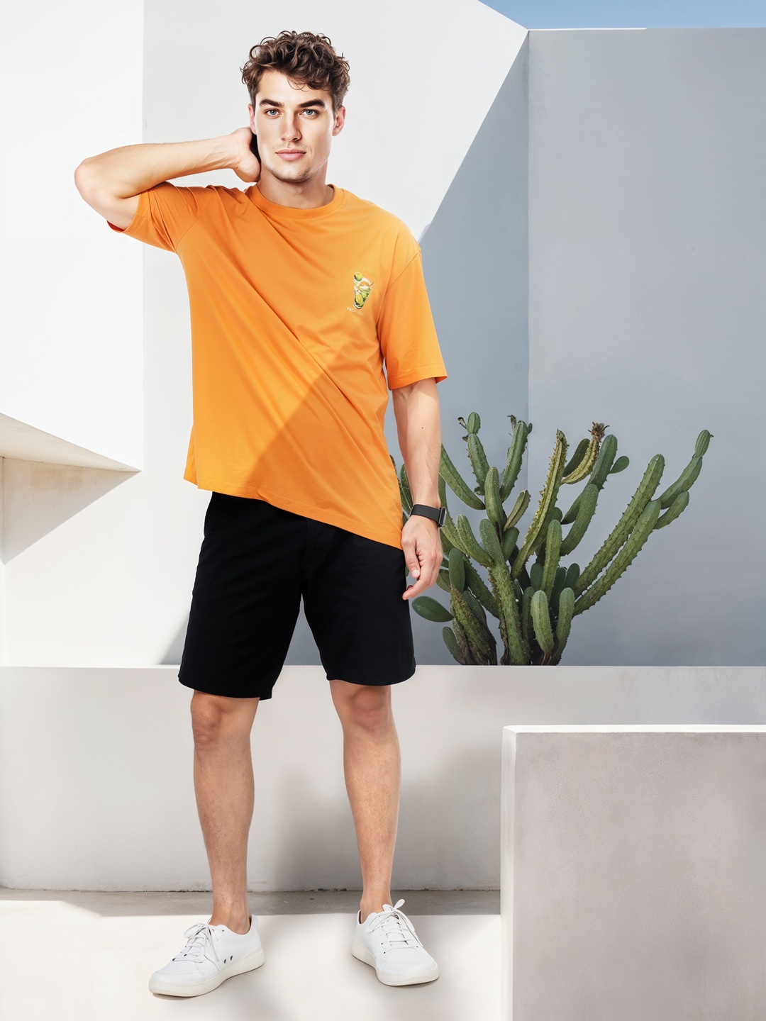 

Mast & Harbour Printed Drop-Shoulder Sleeves T-shirt, Orange