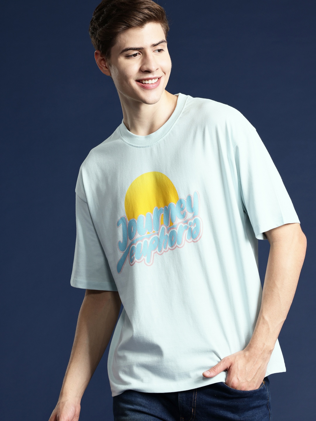 

Mast & Harbour Men Printed Drop-Shoulder Sleeves T-shirt, Blue
