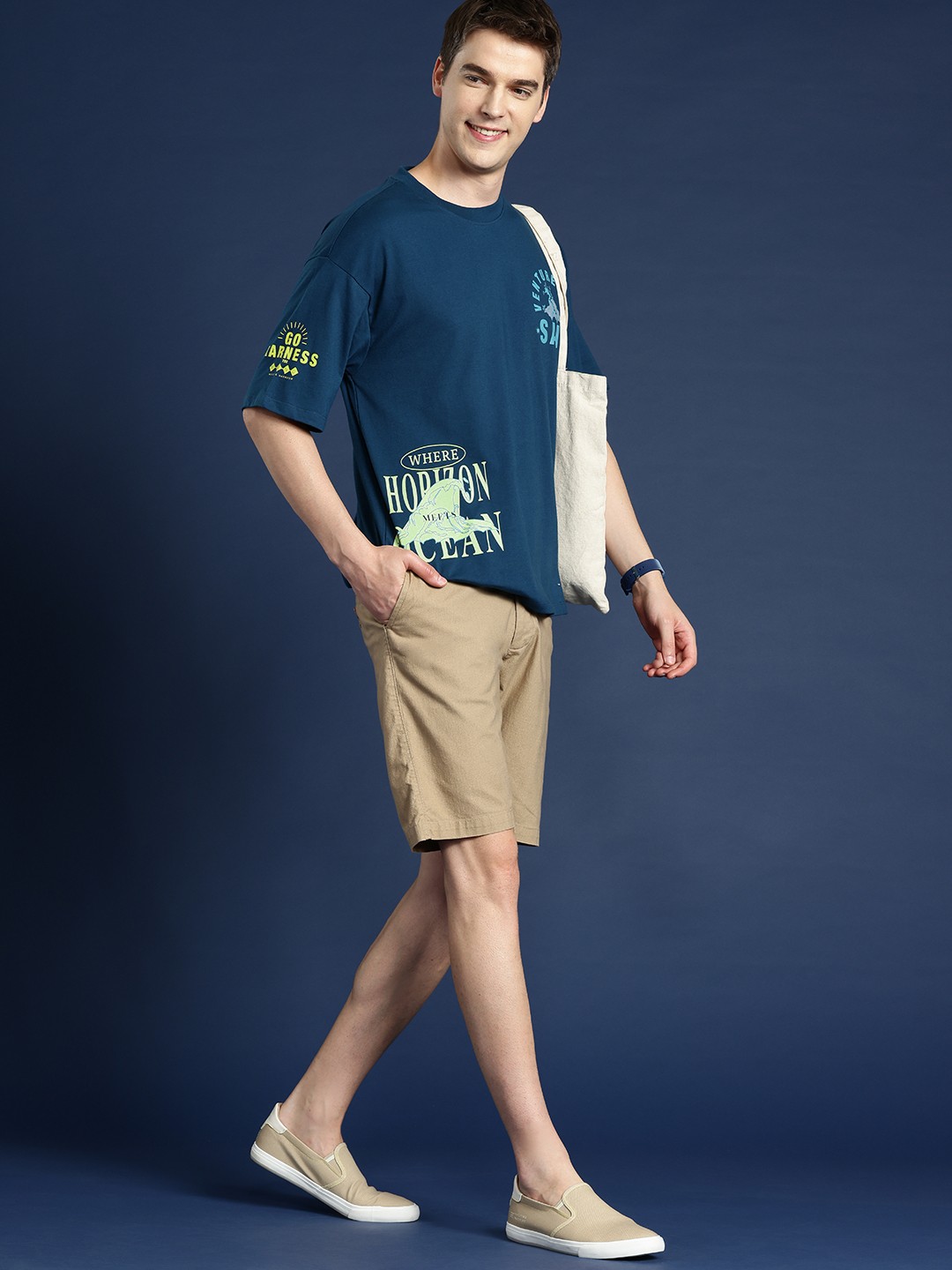 

Mast & Harbour Printed Drop-Shoulder Sleeves Relaxed T-shirt, Teal