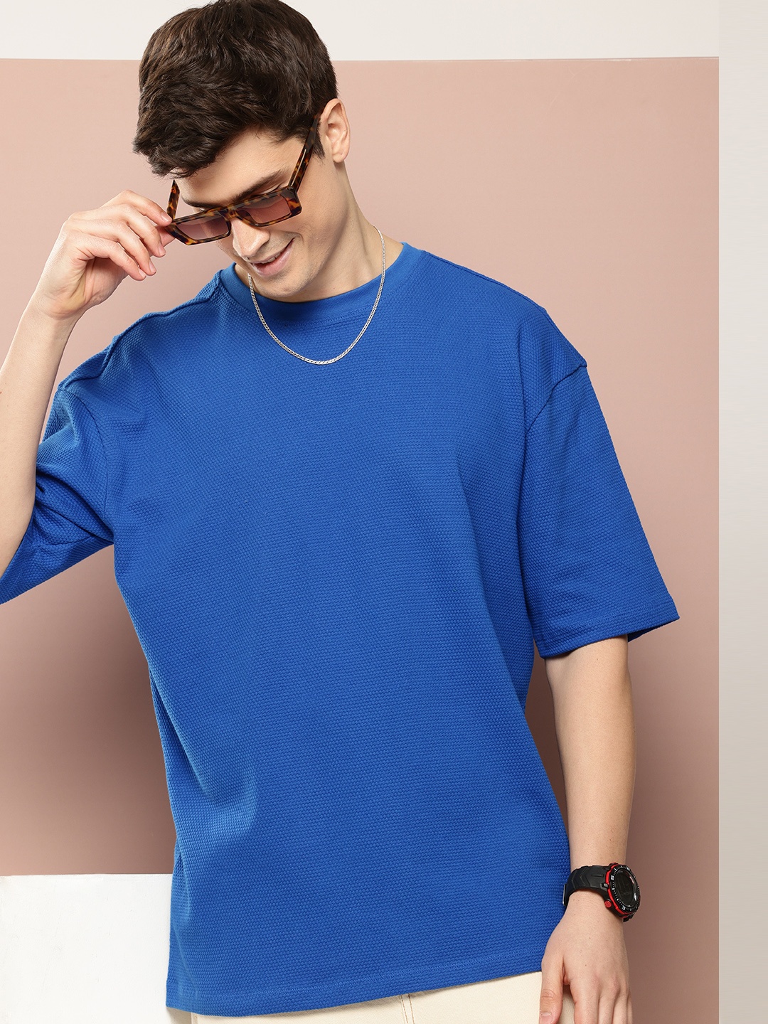 

Harvard Pure Cotton Self Design Drop-Shoulder Sleeves Casual T-shirt, Blue