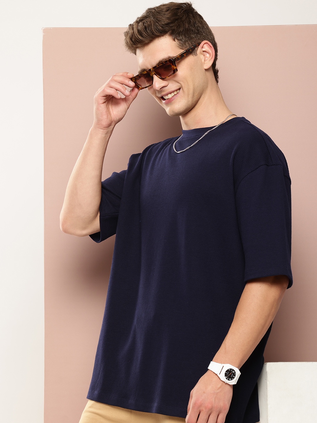 

Harvard Pure Cotton Self Design Drop-Shoulder Sleeves Casual T-shirt, Navy blue