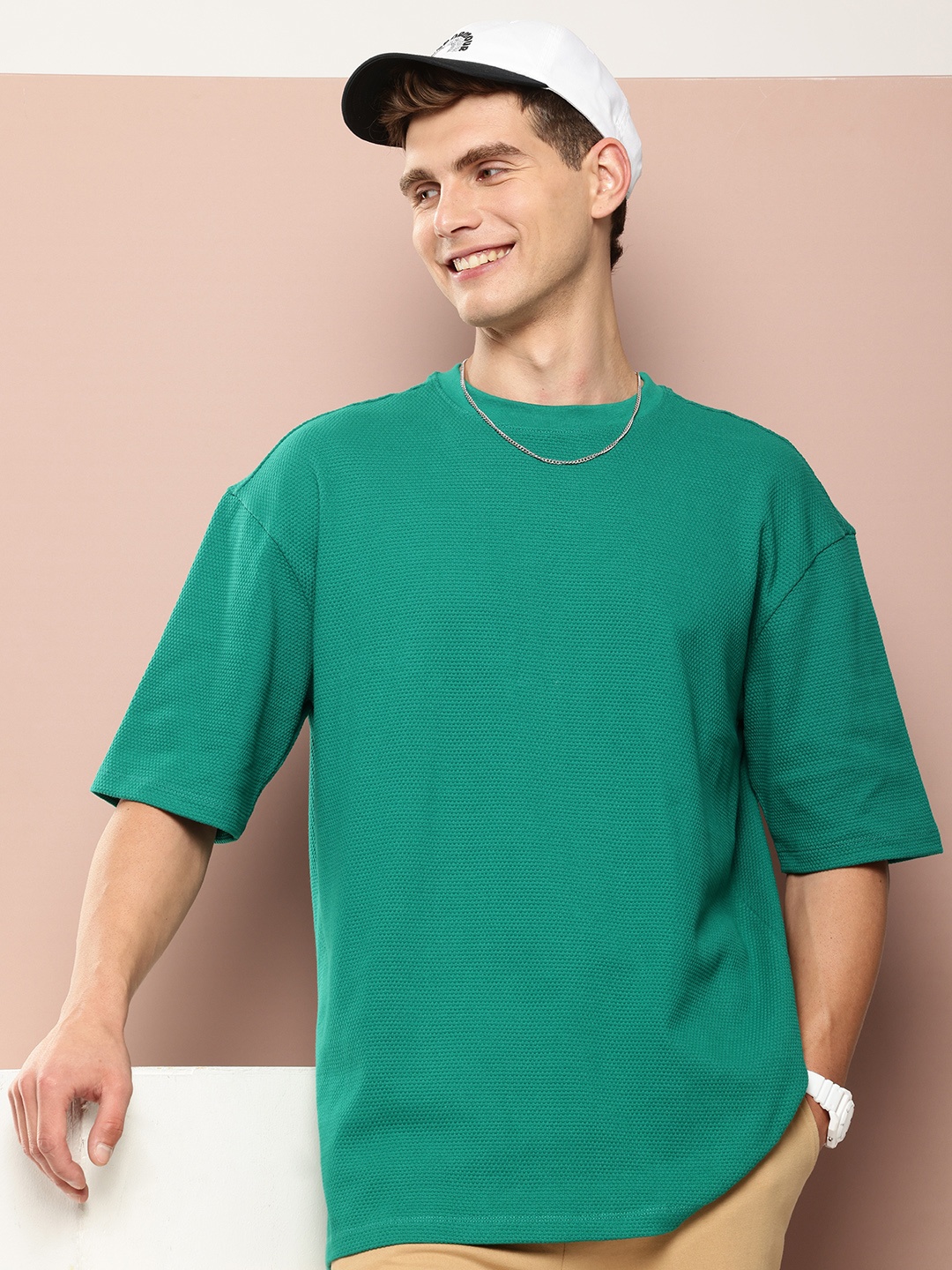 

Harvard Pure Cotton Self Design Drop-Shoulder Sleeves Casual T-shirt, Green