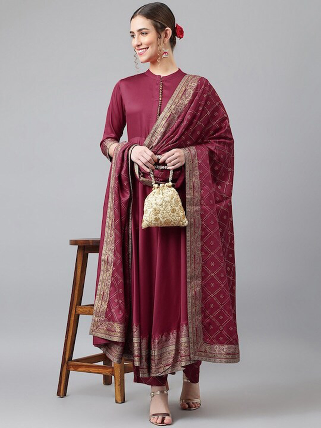 

IkDaiya Mandarin Collar Anarkali Kurta with Trousers & Dupatta, Maroon