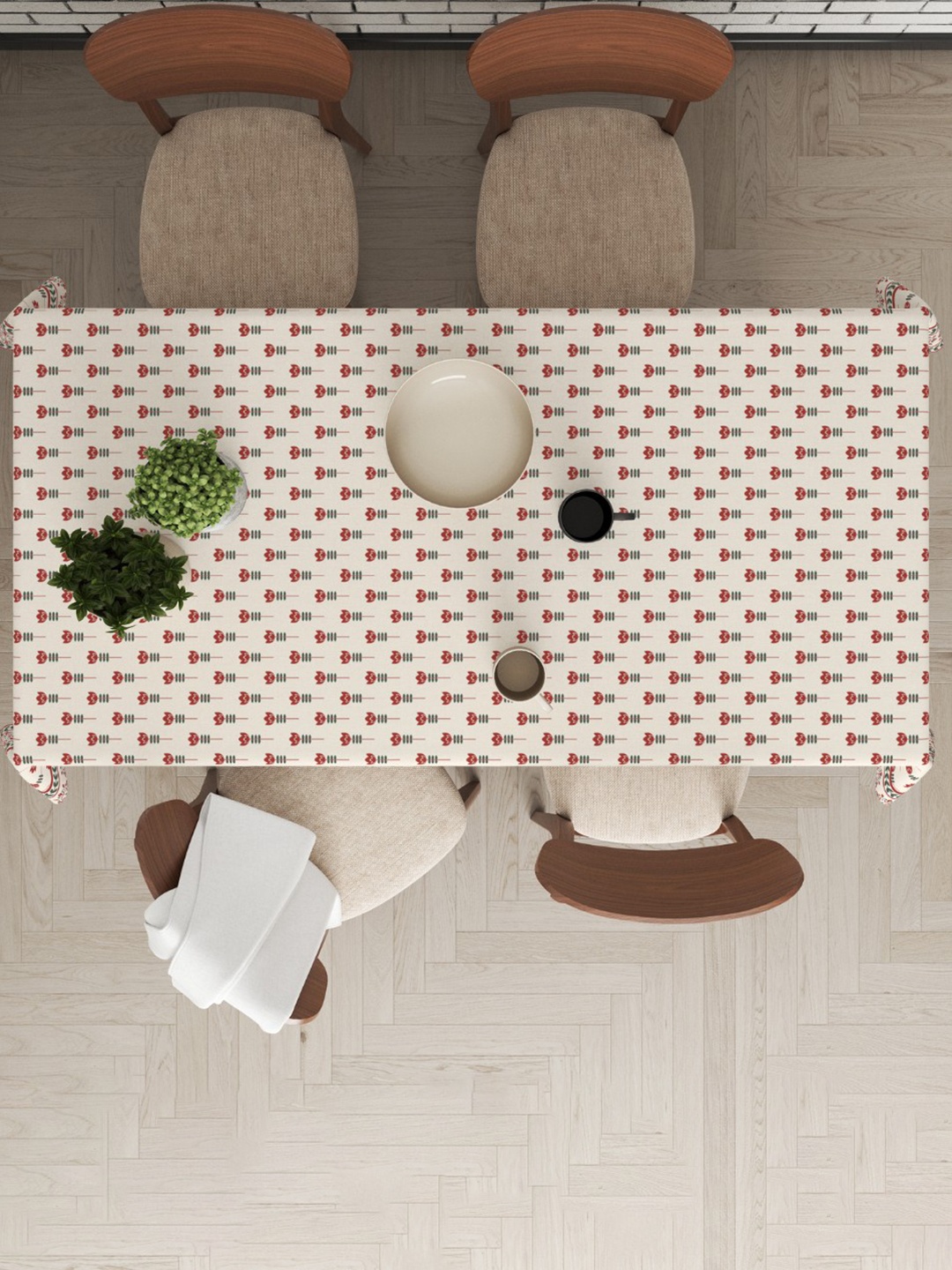 

Astitva Cream & Red Floral Printed Cotton 6 Seater Table Cover