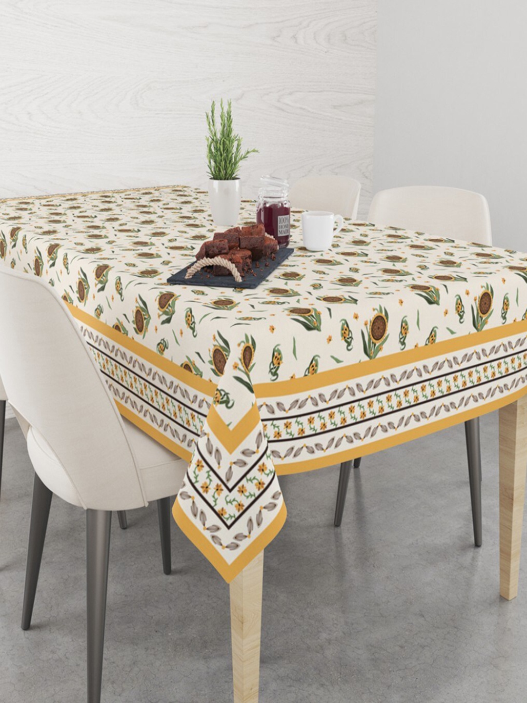 

Astitva Off White & Yellow Floral Printed Pure Cotton 8 Seater Rectangular Table Cover