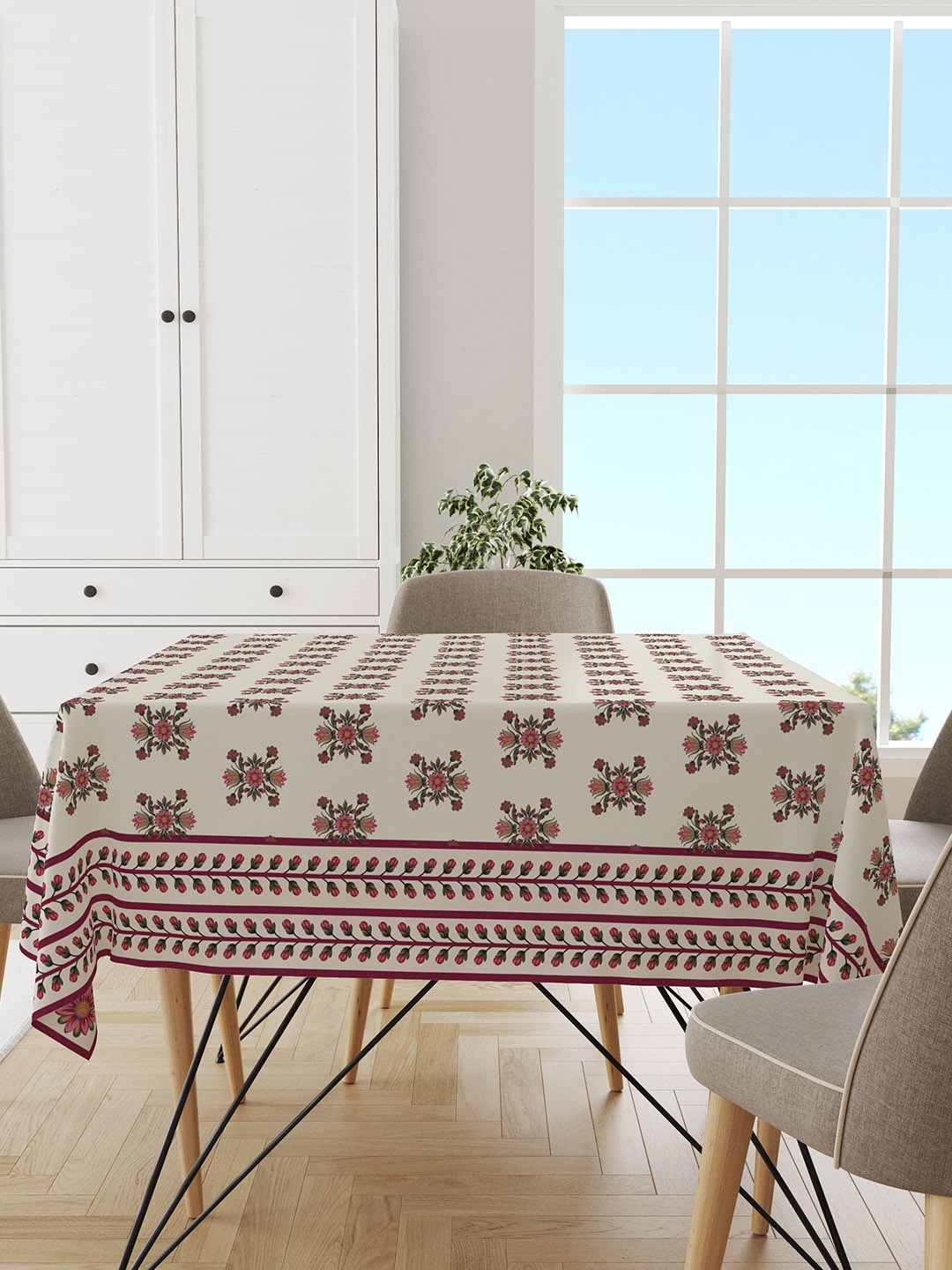 

Astitva Off White & Pink Floral Printed Pure Cotton 8 Seater Rectangular Table Cover