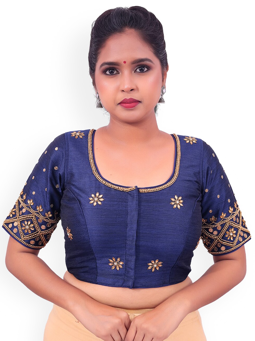 

PUSHKARA Embroidered Pure Cotton Saree Blouse, Navy blue