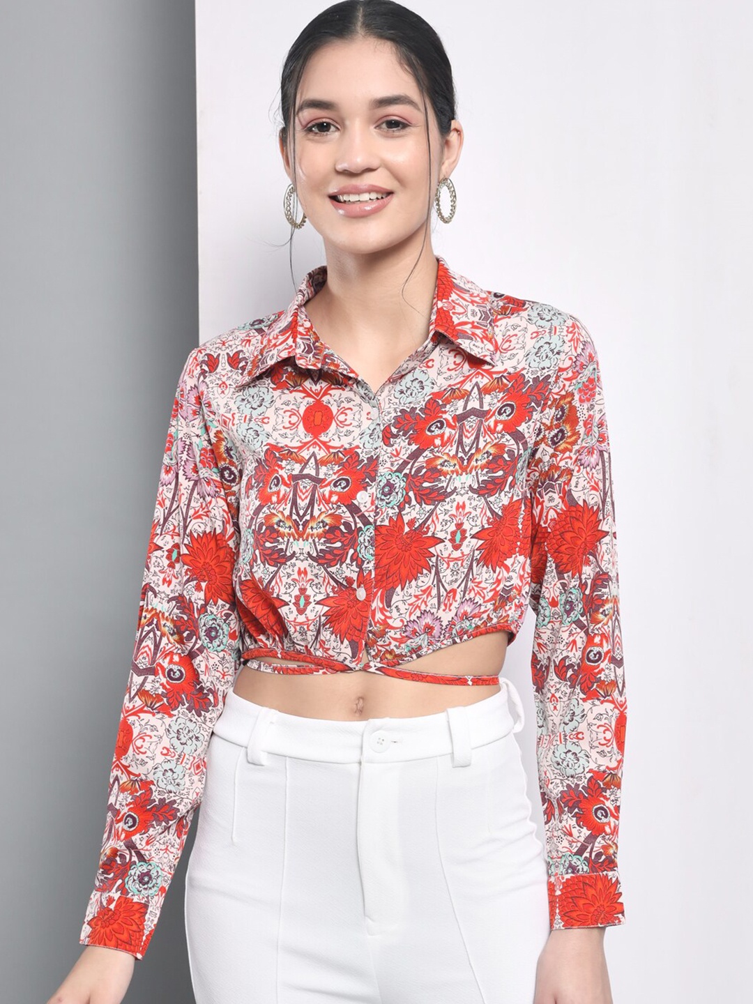 

Trend Arrest Floral Printed Shirt Style Crop Top, Red