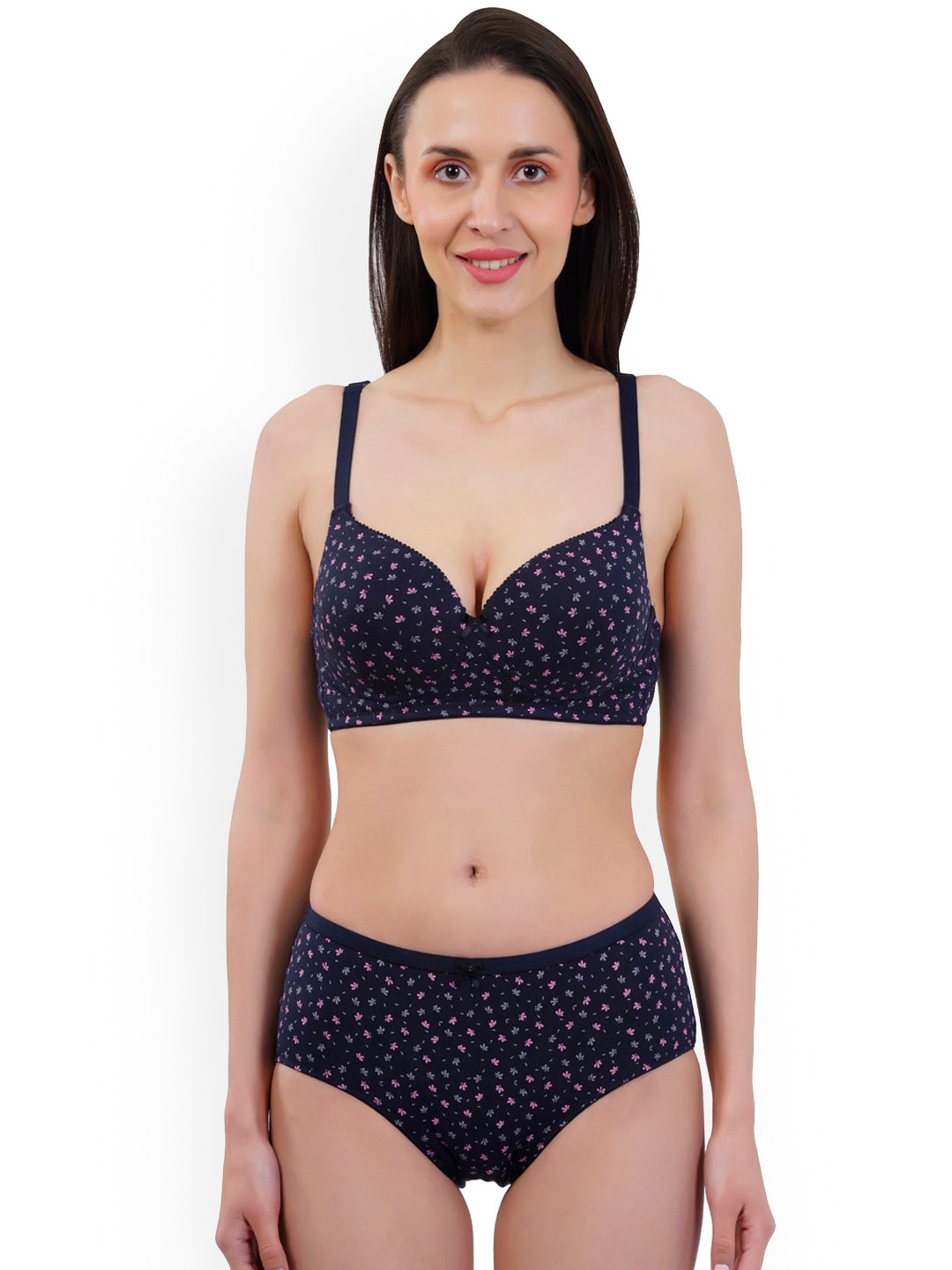 

Eve's Beauty Printed Cotton Brief Lingerie Set, Navy blue