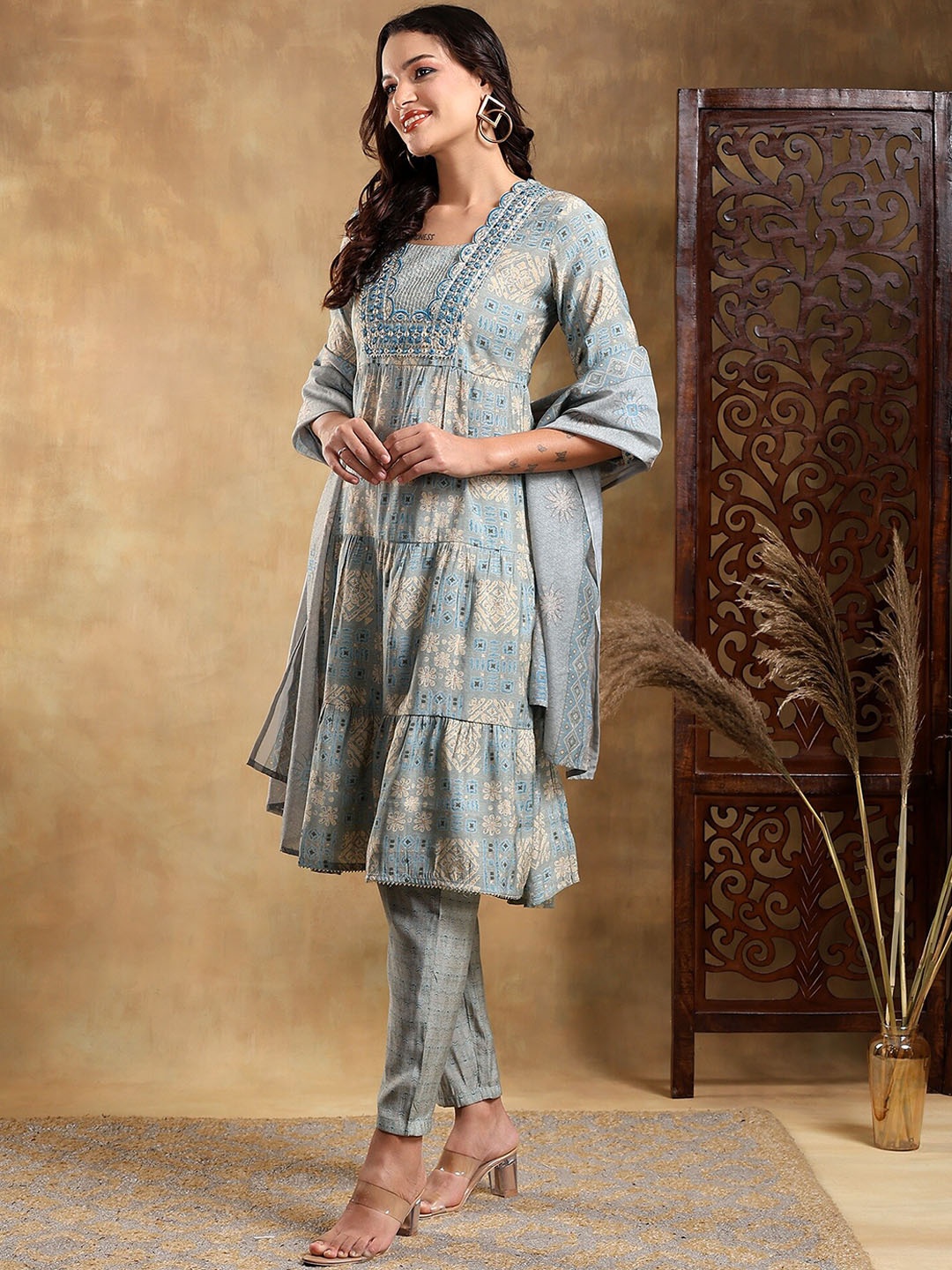 

BAESD Ethnic Motifs Printed Mirror Work Tiered A-Line Kurta with Trousers & Dupatta, Grey