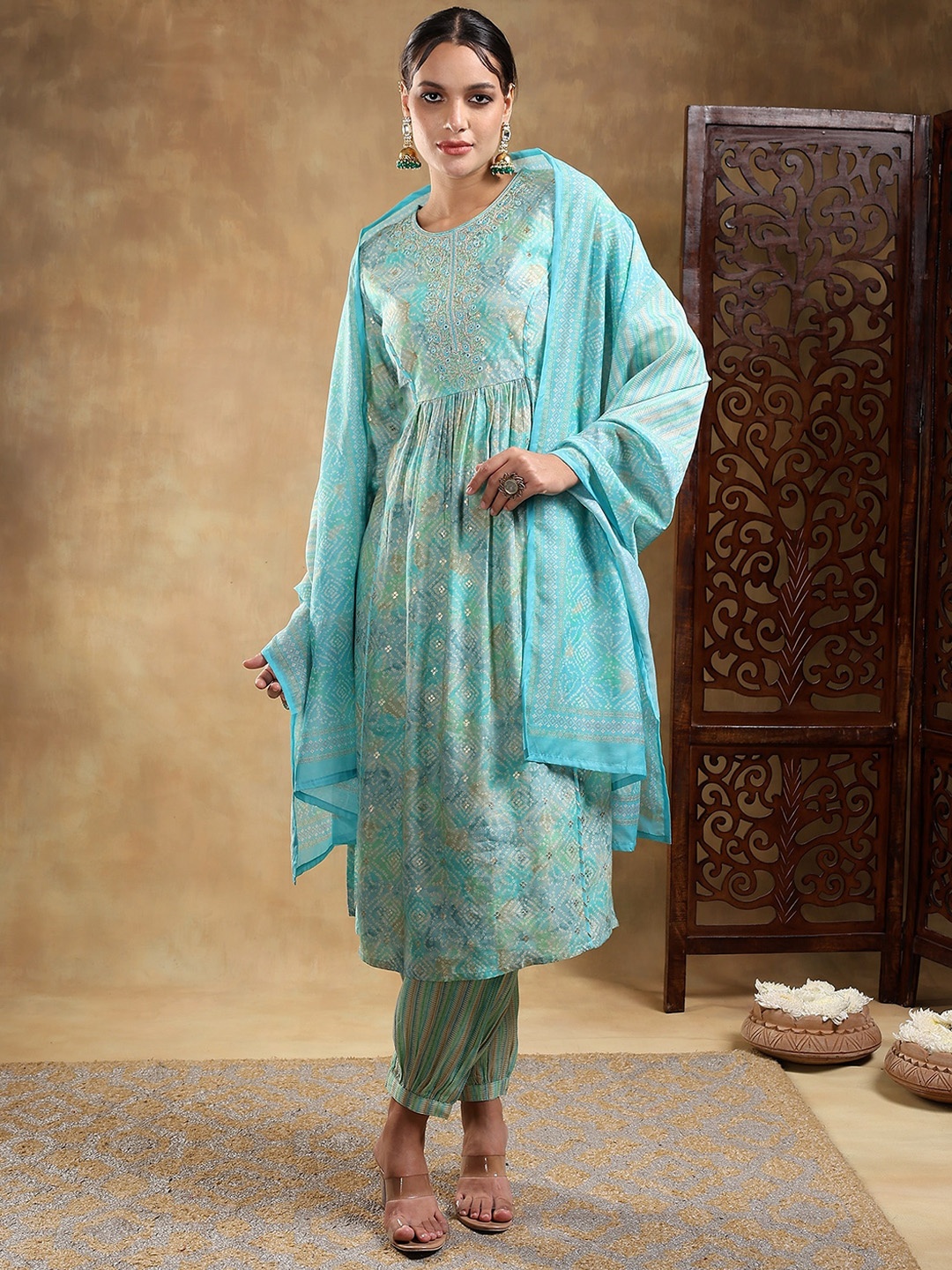 

BAESD Bandhani Printed Pleated Thread Work Kurta With Salwar & Dupatta, Sea green