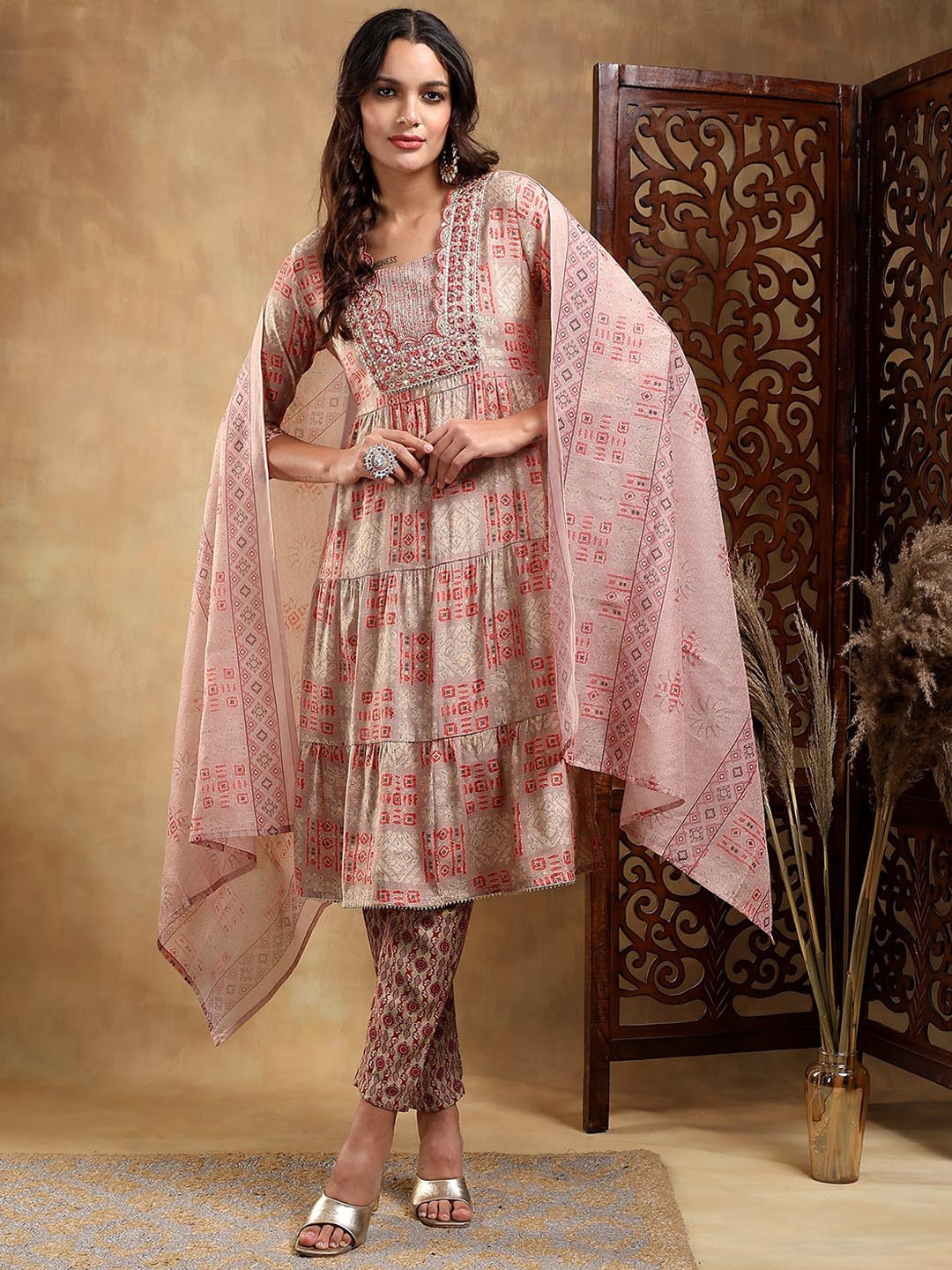 

BAESD Geometric Printed Mirror Work Pleated Kurta With Trouser & Dupatta, Red