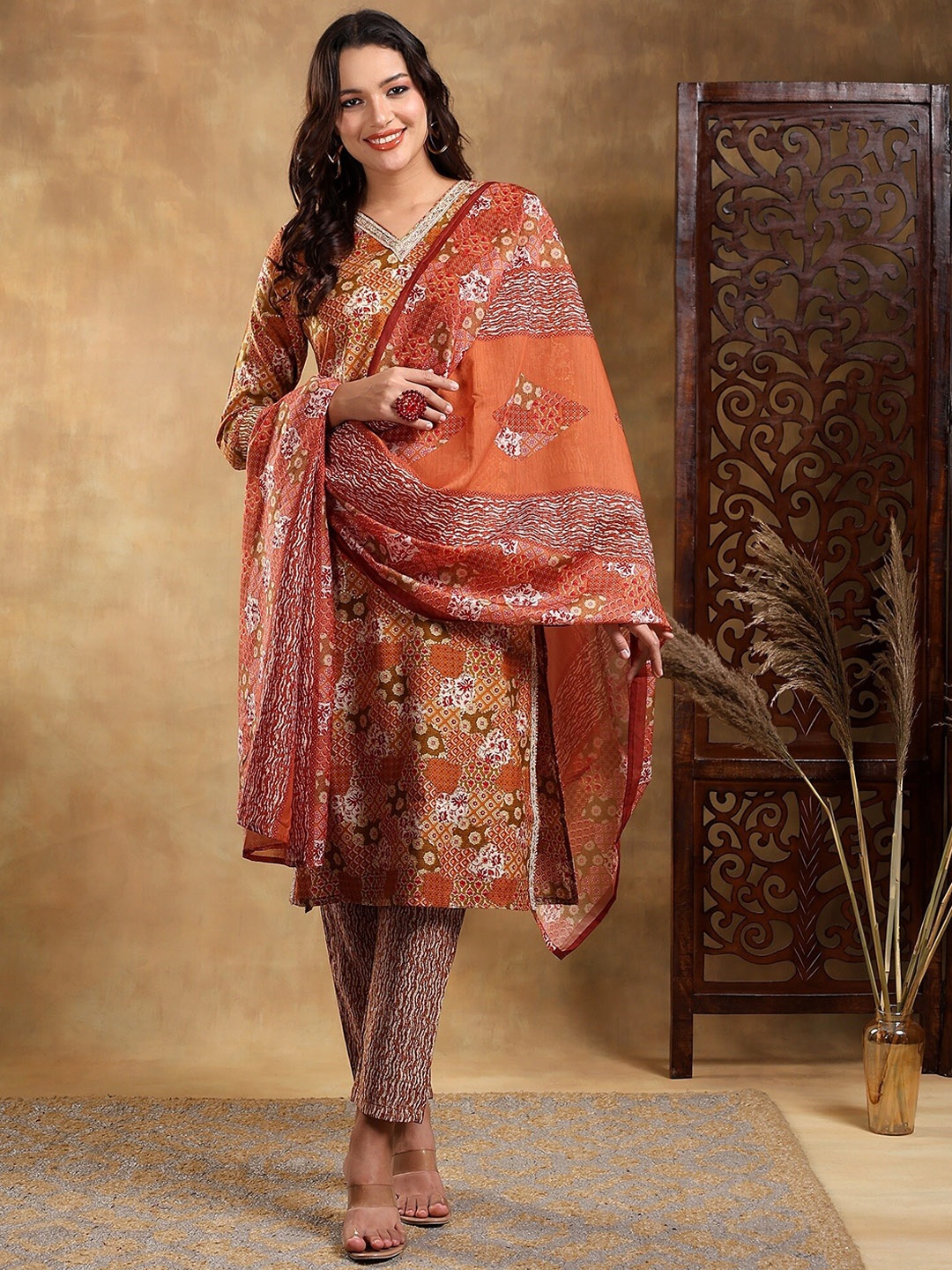 

BAESD Ethnic Motifs Printed Thread Work Kurta with Trousers & Dupatta, Mustard