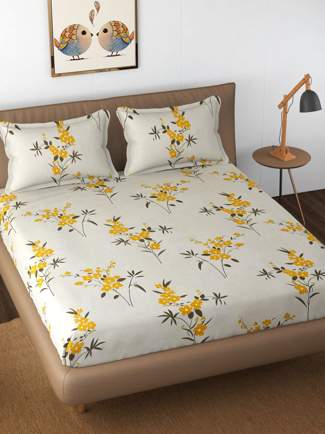 

TEAL BY CHUMBAK Grey Floral 144 TC Cotton Fitted Queen Bedsheet with 2 Pillow Covers
