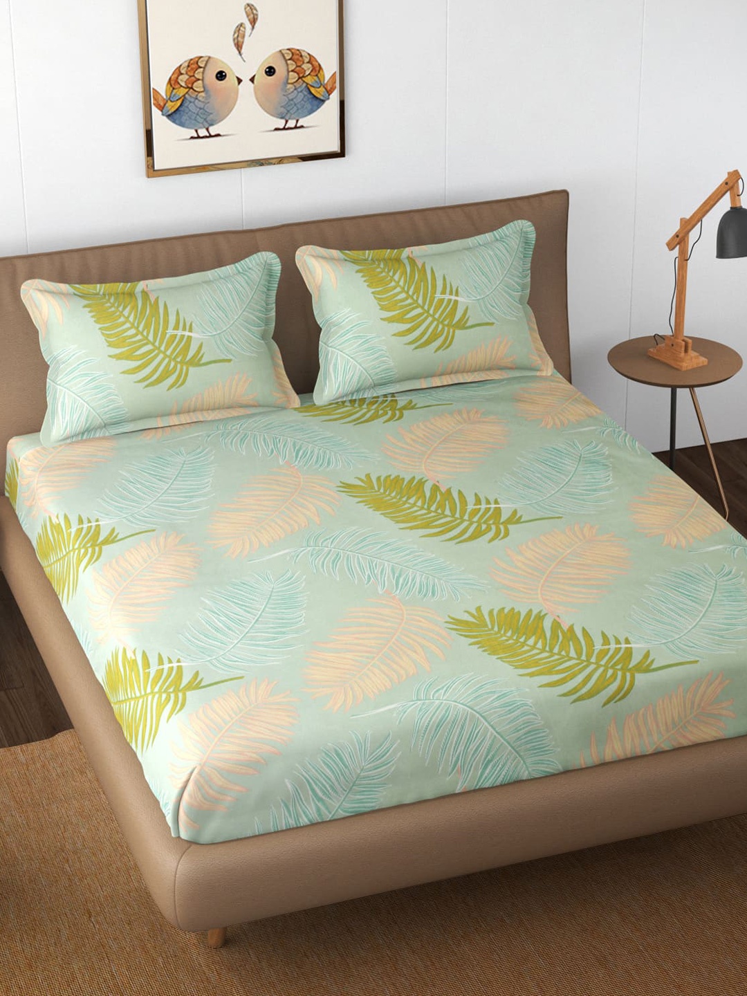 

TEAL BY CHUMBAK Green Floral 144 TC Queen Bedsheet Set