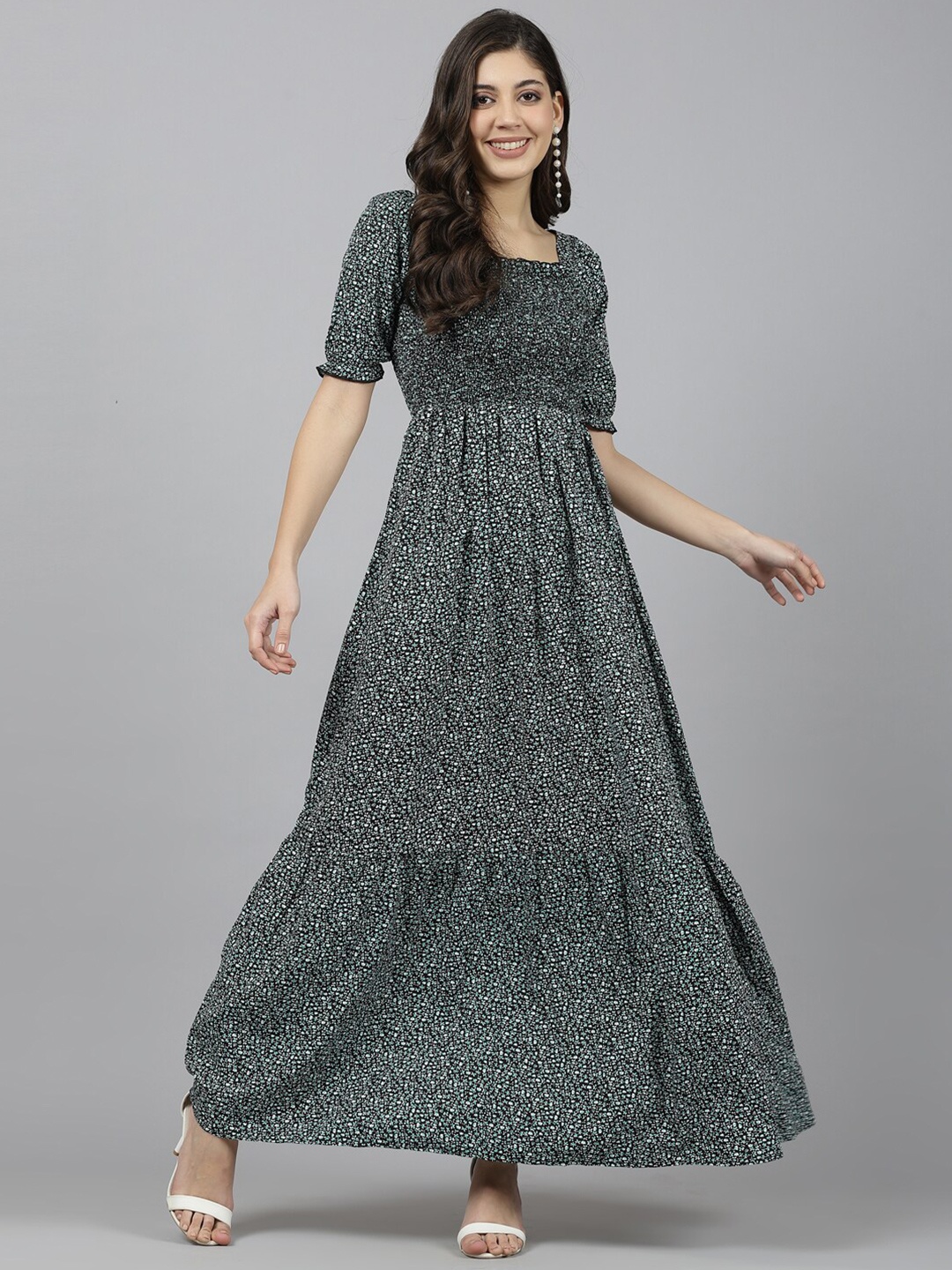 

aayu Green Floral Print Puff Sleeve Maxi Dress