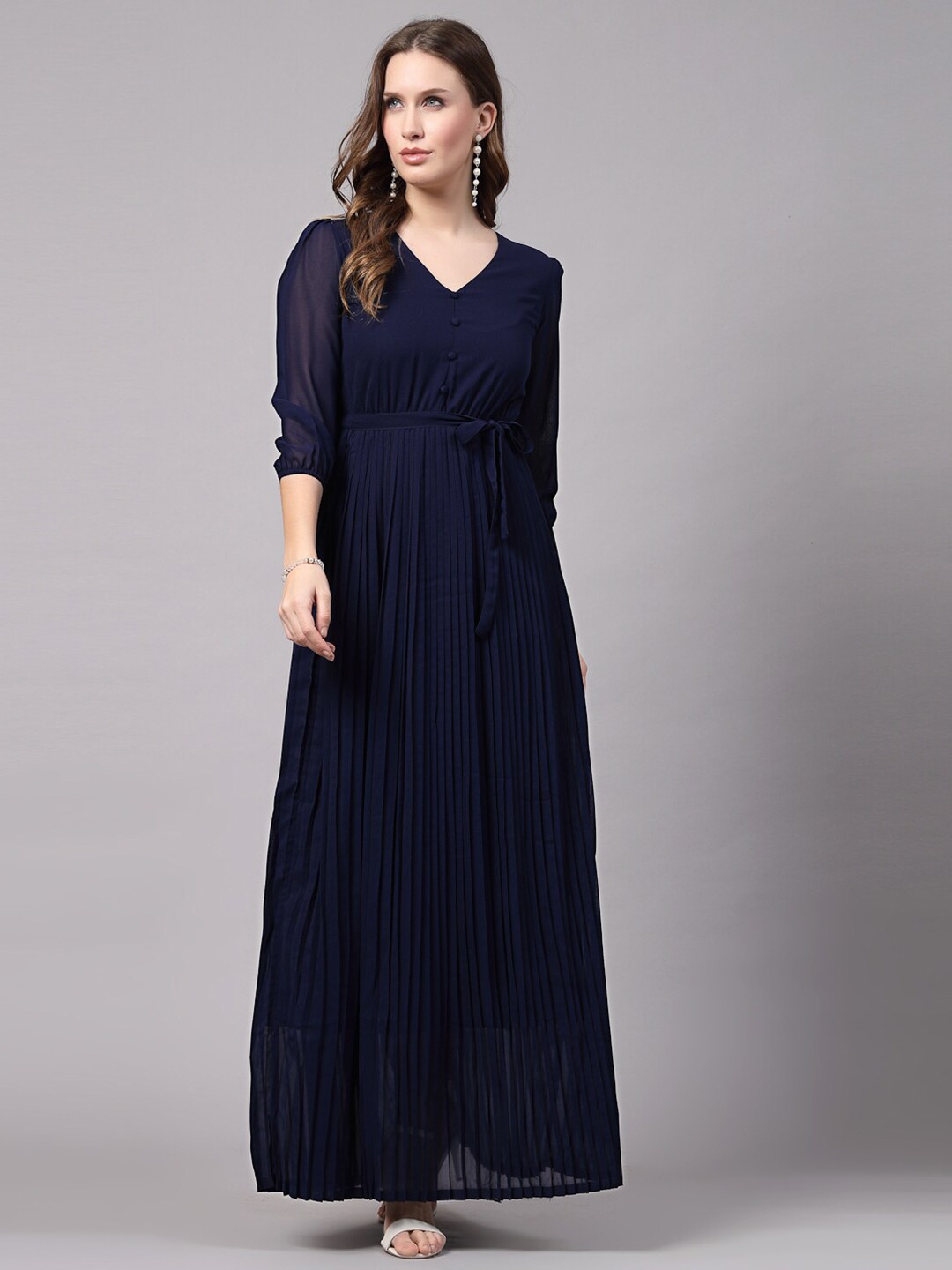 

aayu Puff Sleeve Georgette Fit & Flare Maxi Dress, Blue