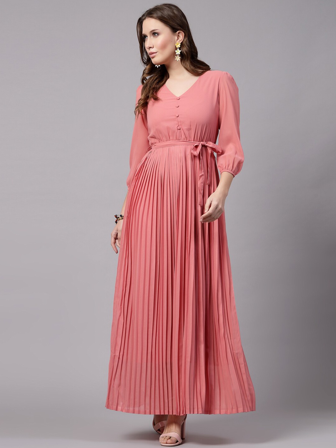 

aayu V-Neck Puff Sleeve Georgette Fit & Flare Maxi Dress, Peach