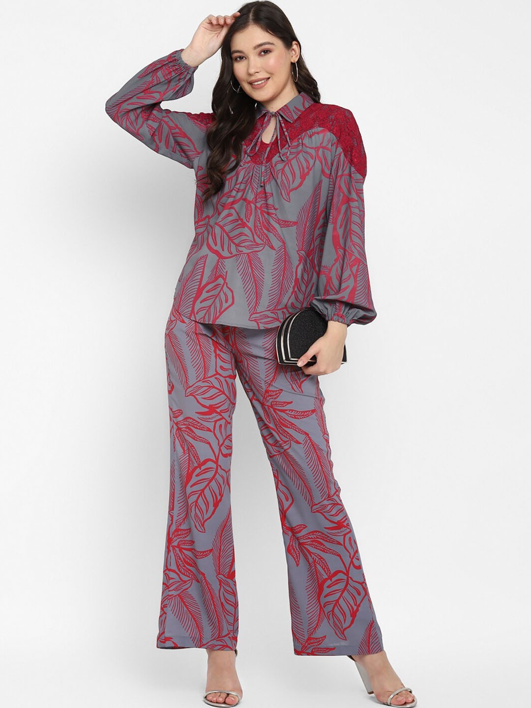 

Taurus Floral Printed Tie Up Neck Top & Trouser, Grey